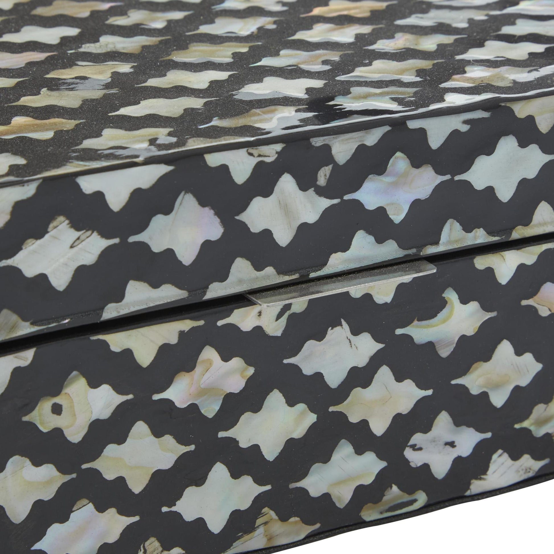 Set of 2 Moroccan Black Mother of Pearl Shell Decorative Box with Hinged Lid