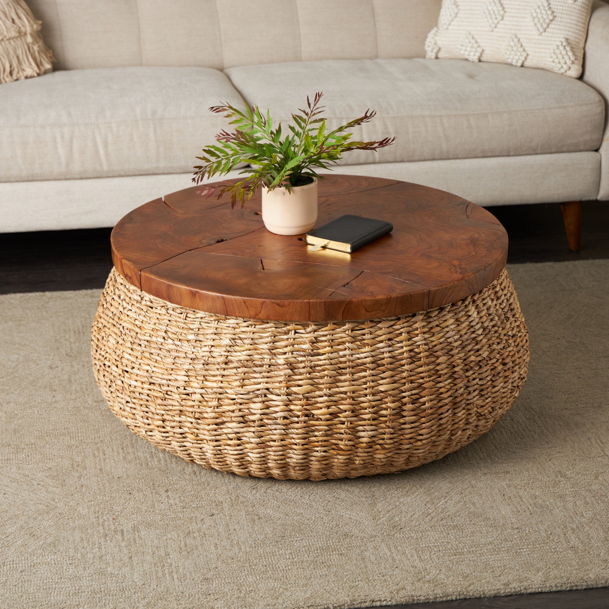 Brown Rattan Wrapped Living Room Coffee Table with Teak Tabletop