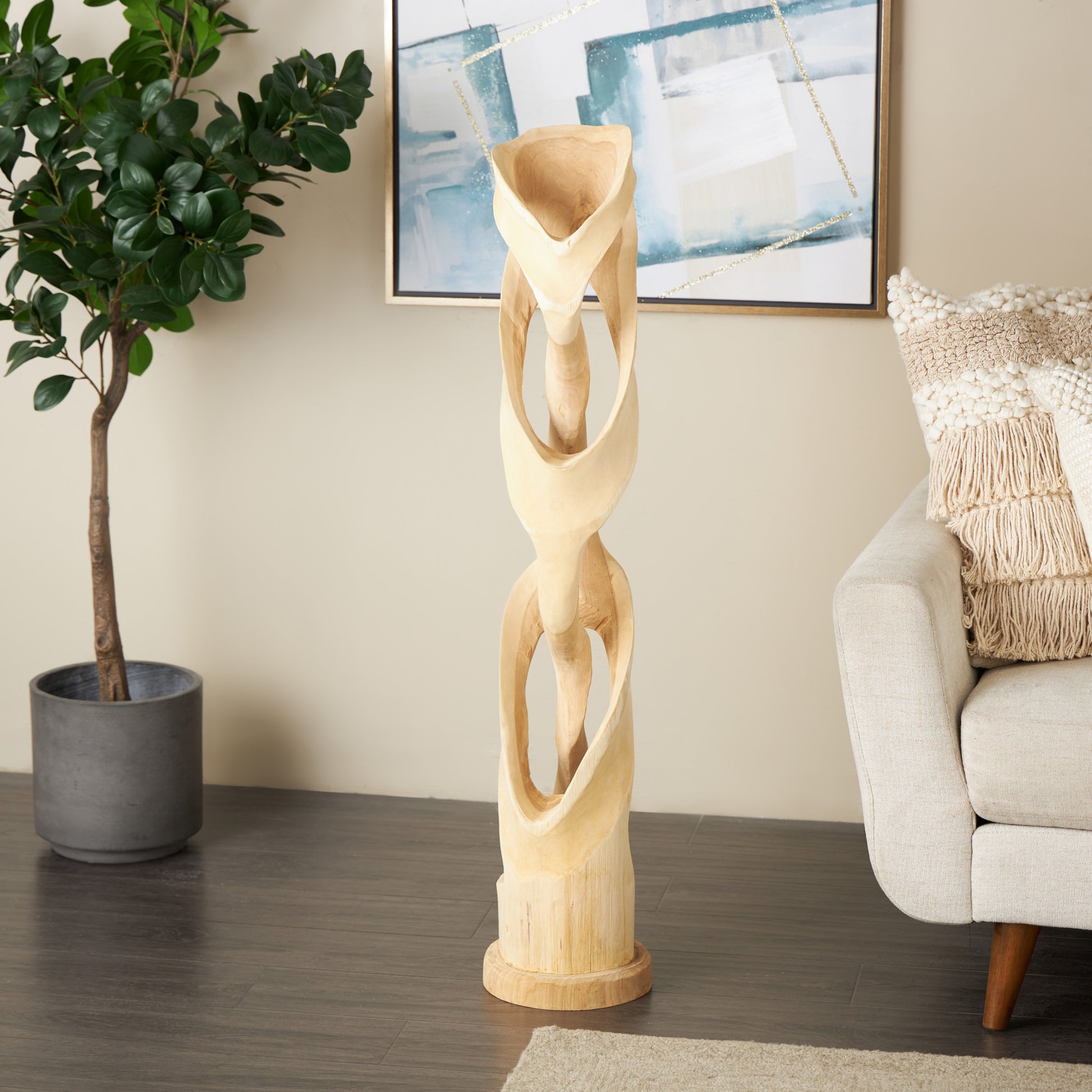 Abstract Light Brown Teak Wood Handmade Live Edge Intertwined Post Floor Decorative Sculpture