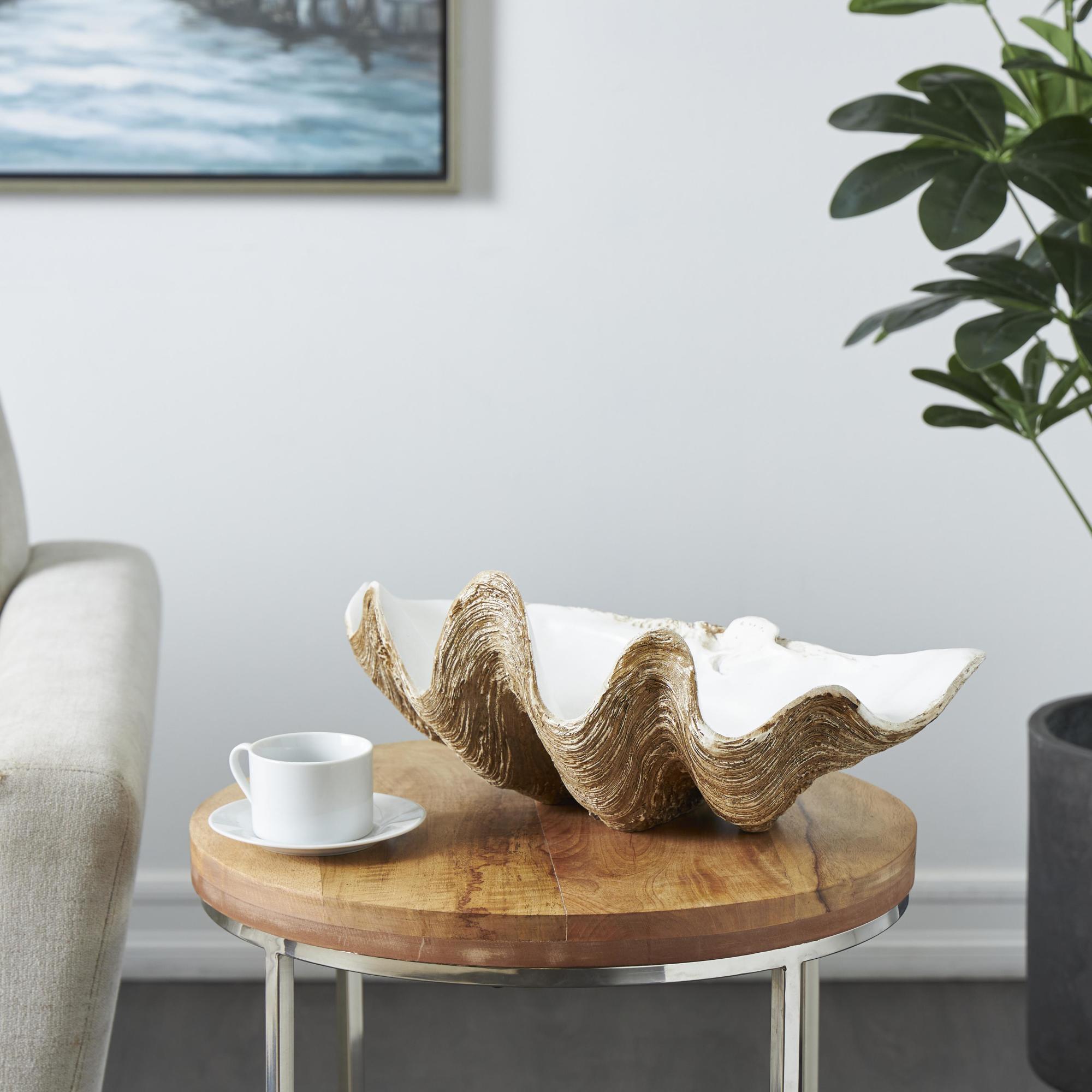 Shell Brown Polystone Large Decorative Bowl with White Interior