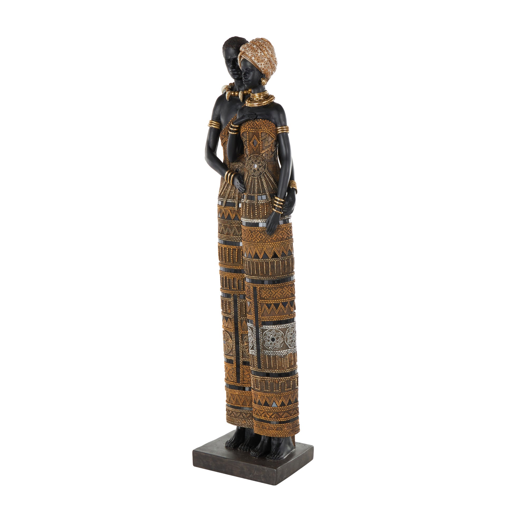 Family Black Resin Tall African Decorative Sculpture with Gold Jewels