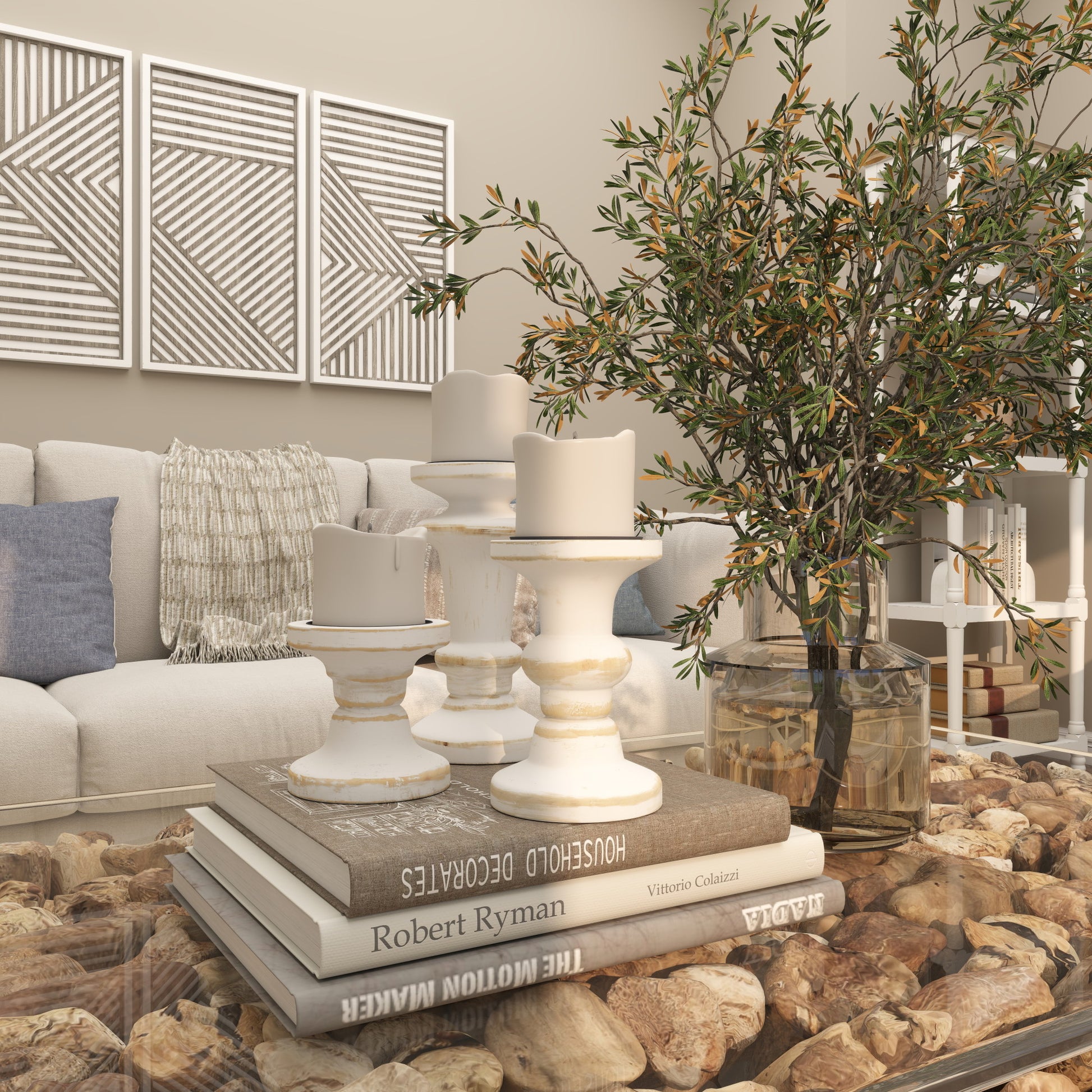 Set of 3 White Wood Decorative Candle Holder