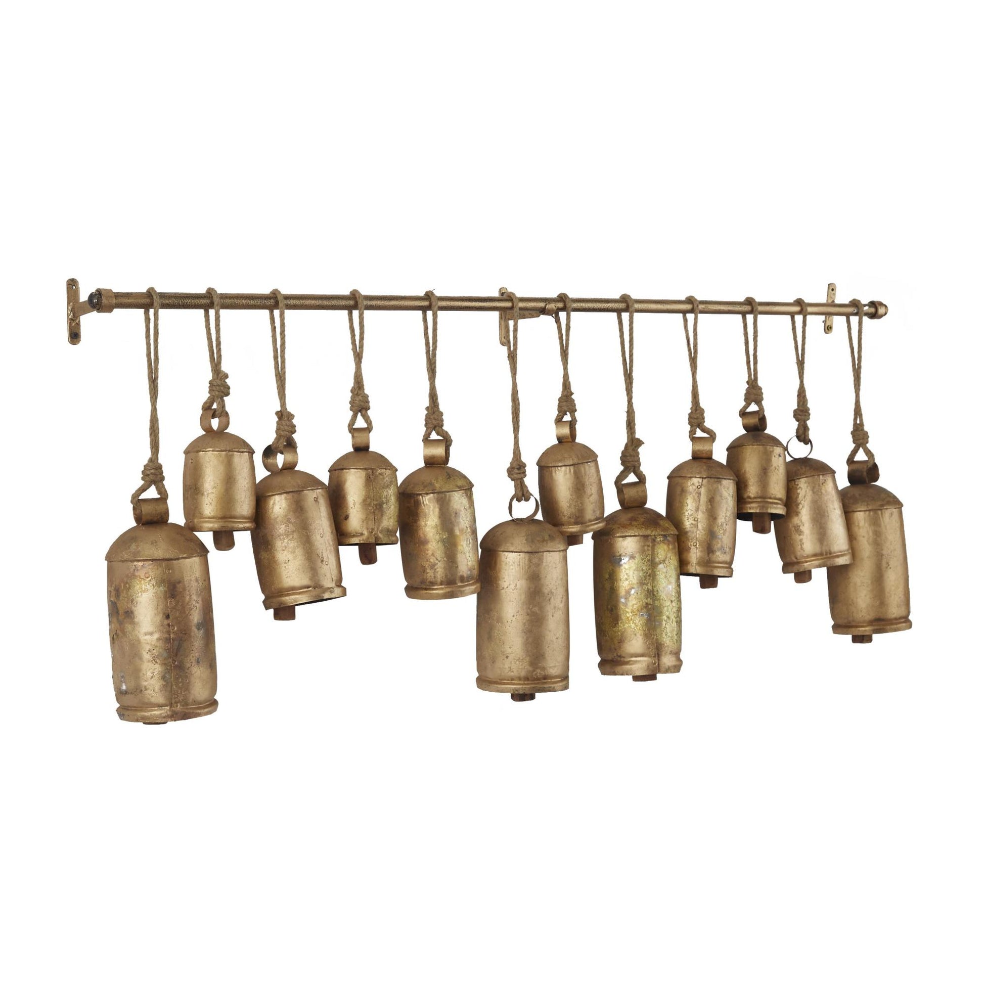 Metal Tibetan Inspired 12 Bell Indoor Outdoor Decorative Cow Bells with Hanging Ropes and Rod