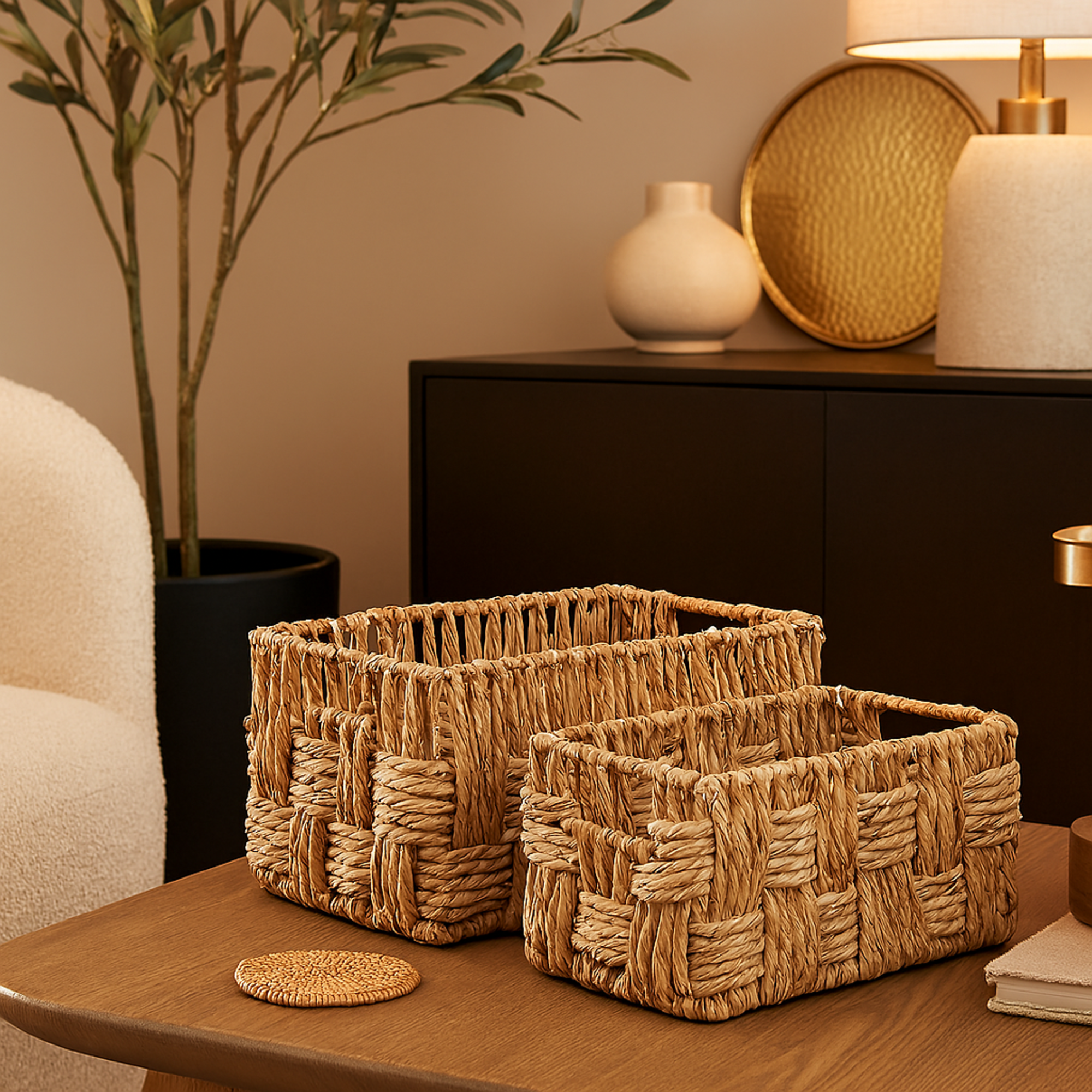 Set of 2 Brown Jute Rope Handmade Woven Rectangular Decorative and Functional Storage Basket with Slit Handles