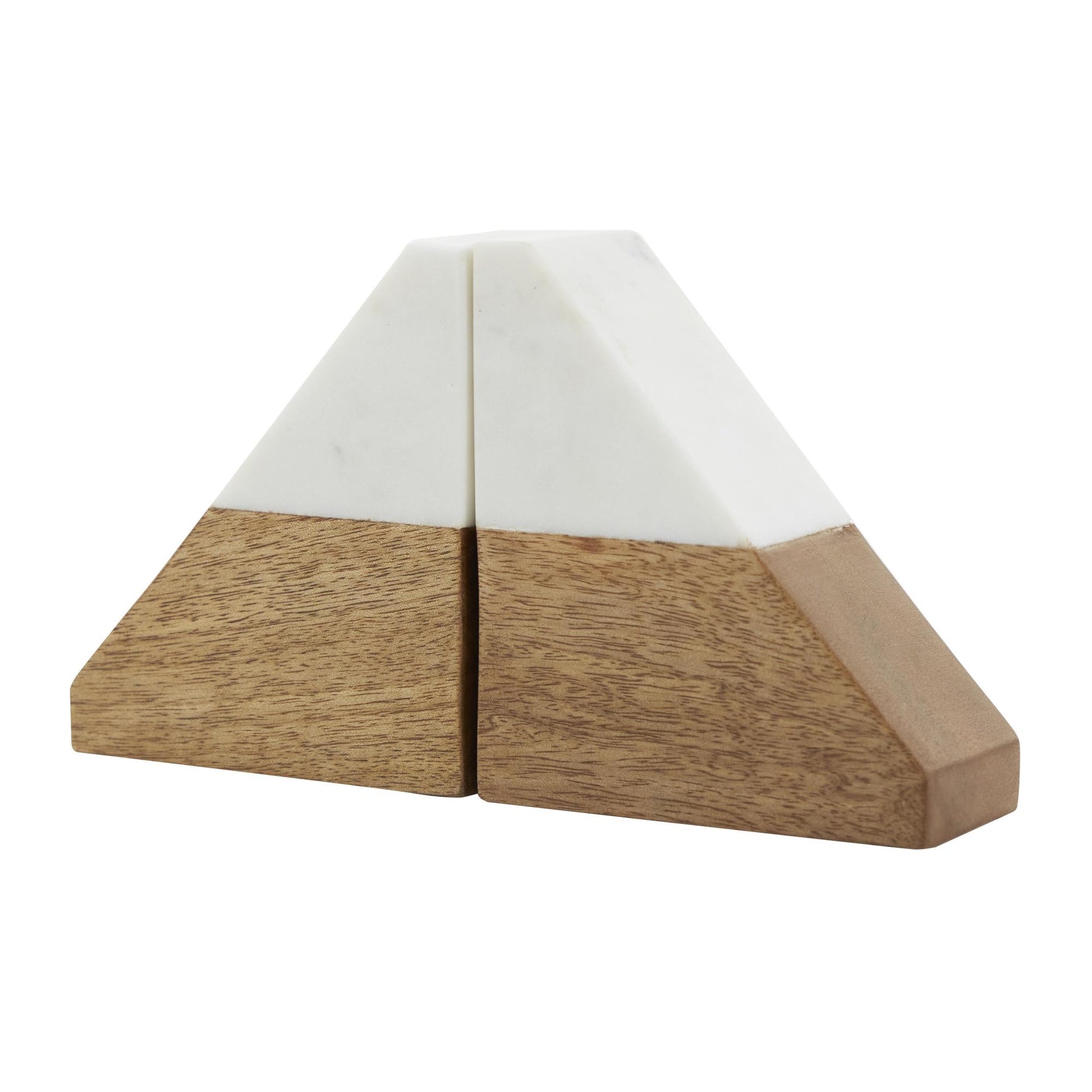 Set of 2 Geometric Brown Mango Wood Triangle 3 lbs Decorative Bookends with White Marble Tops