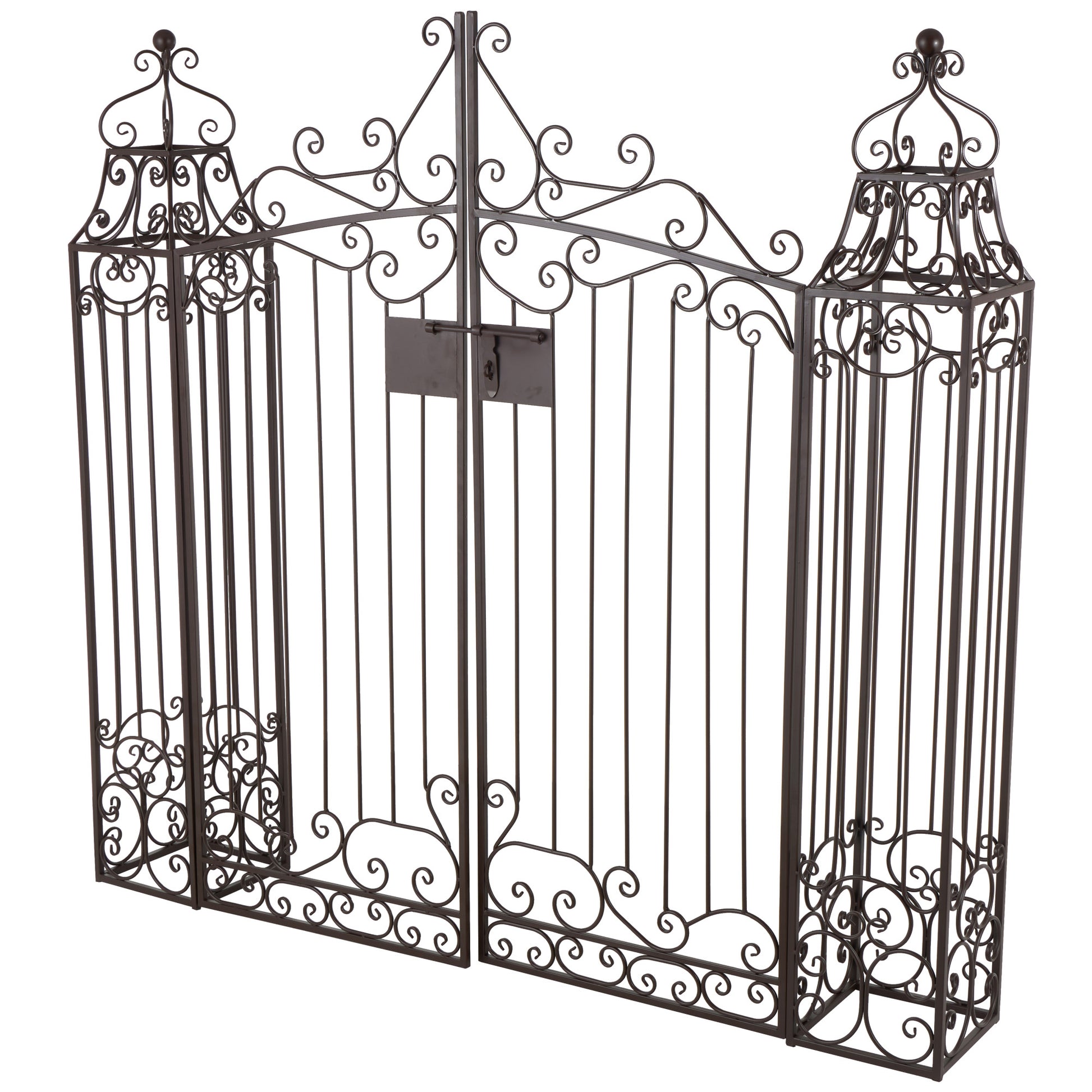 Scroll Dark Brown Metal Indoor Outdoor Arched Gate Indoor Outdoor Garden Arbor with Latch Lock Closure