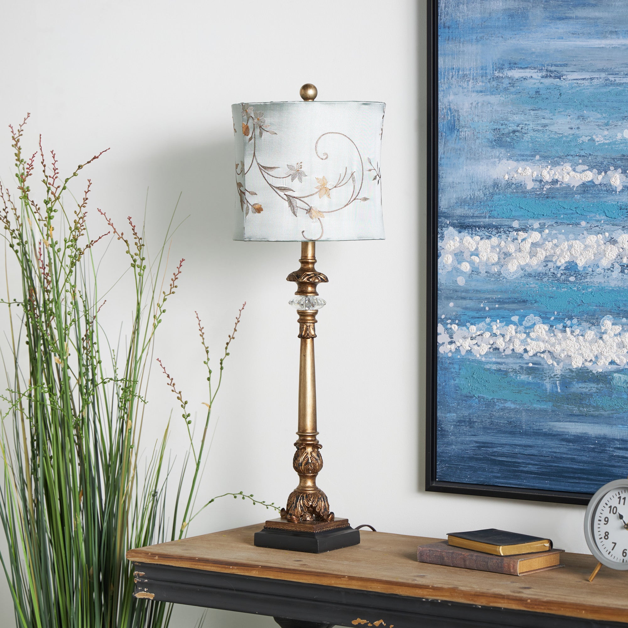 Set of 2 Floral Gold Metal Antique Style Room Buffet Lamp with Light Blue Shade