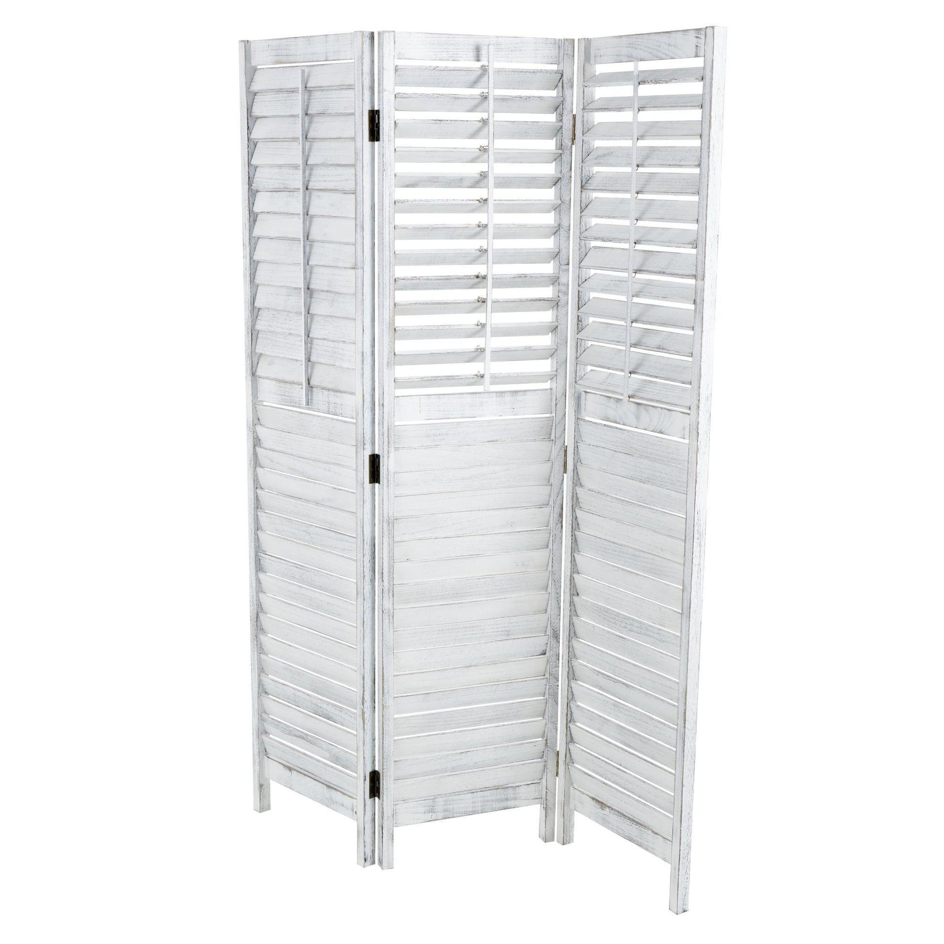 White Wood Washed Shutter Top 3 Panel Partition Room Divider Screen with Gray Distressing