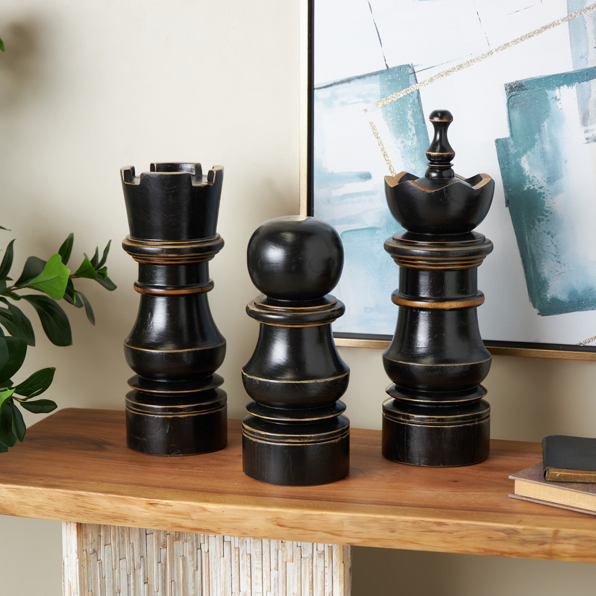 Set of 3 Chess Black Teak Wood Decorative Sculpture with Brown Accents