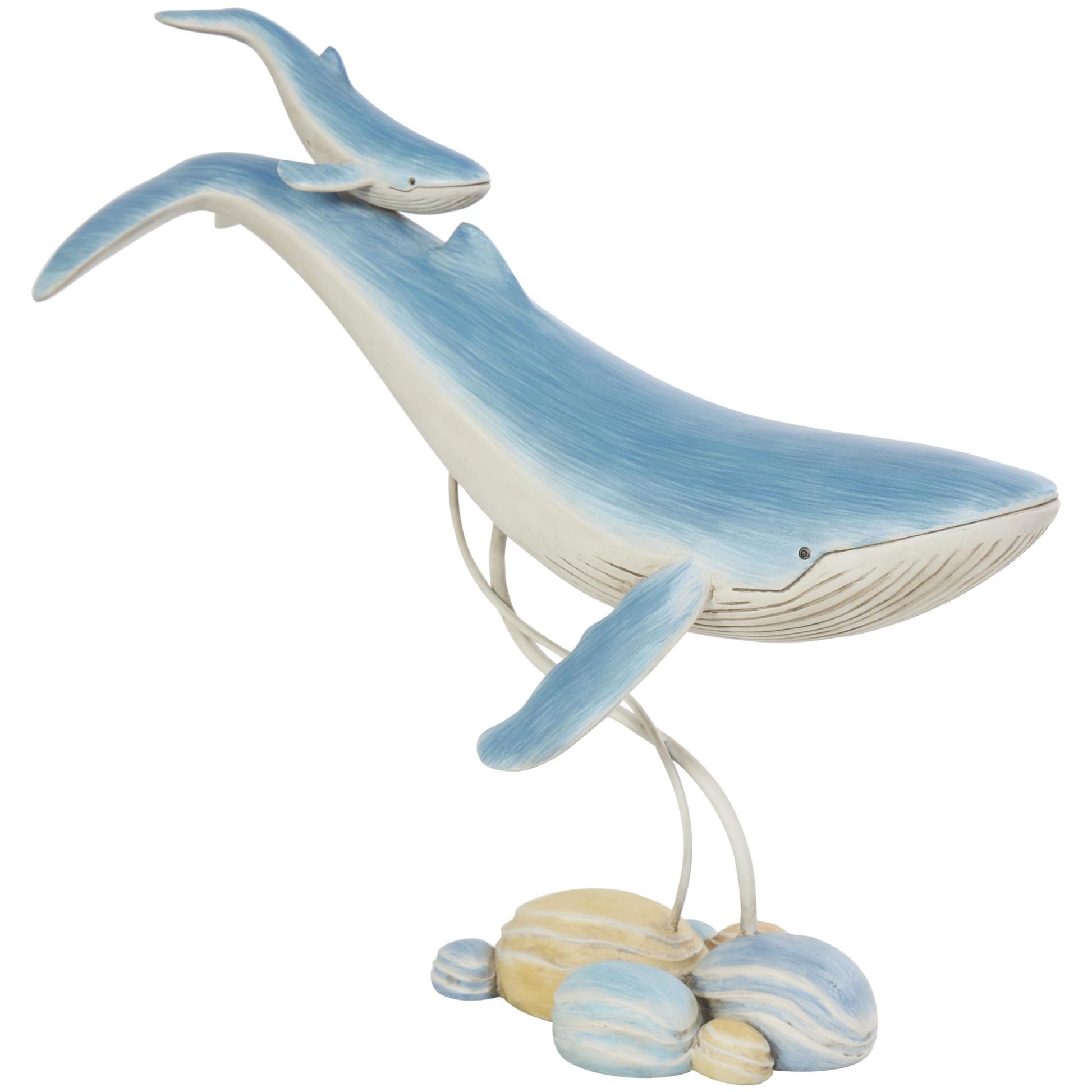 Whale Blue Polystone Swimming Mother and Baby Decorative Sculpture with Yellow Accents