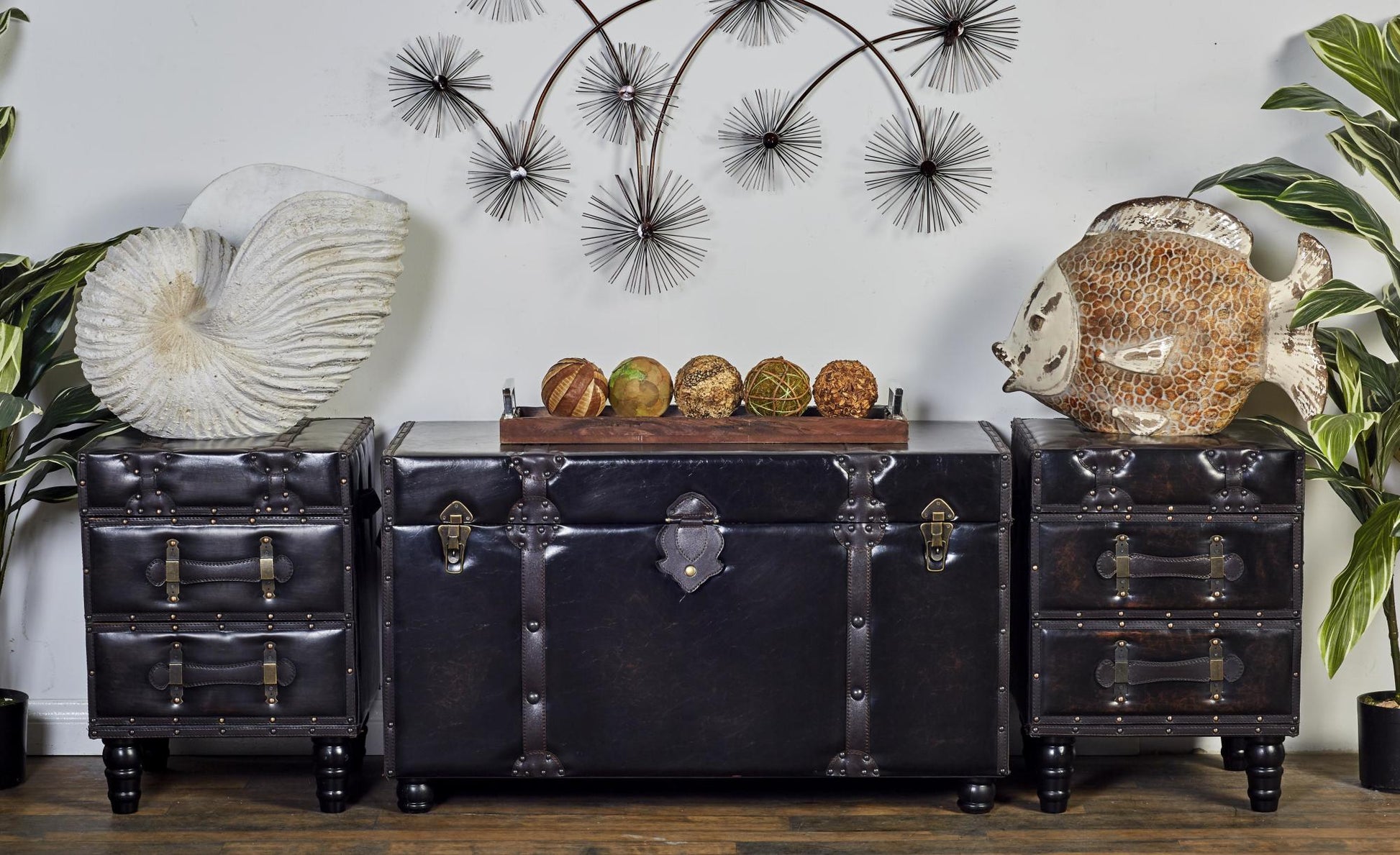 Set of 3 Brown Faux Leather Vintage 4 Drawer Room Storage Bench with Strap Handles and Turned Legs