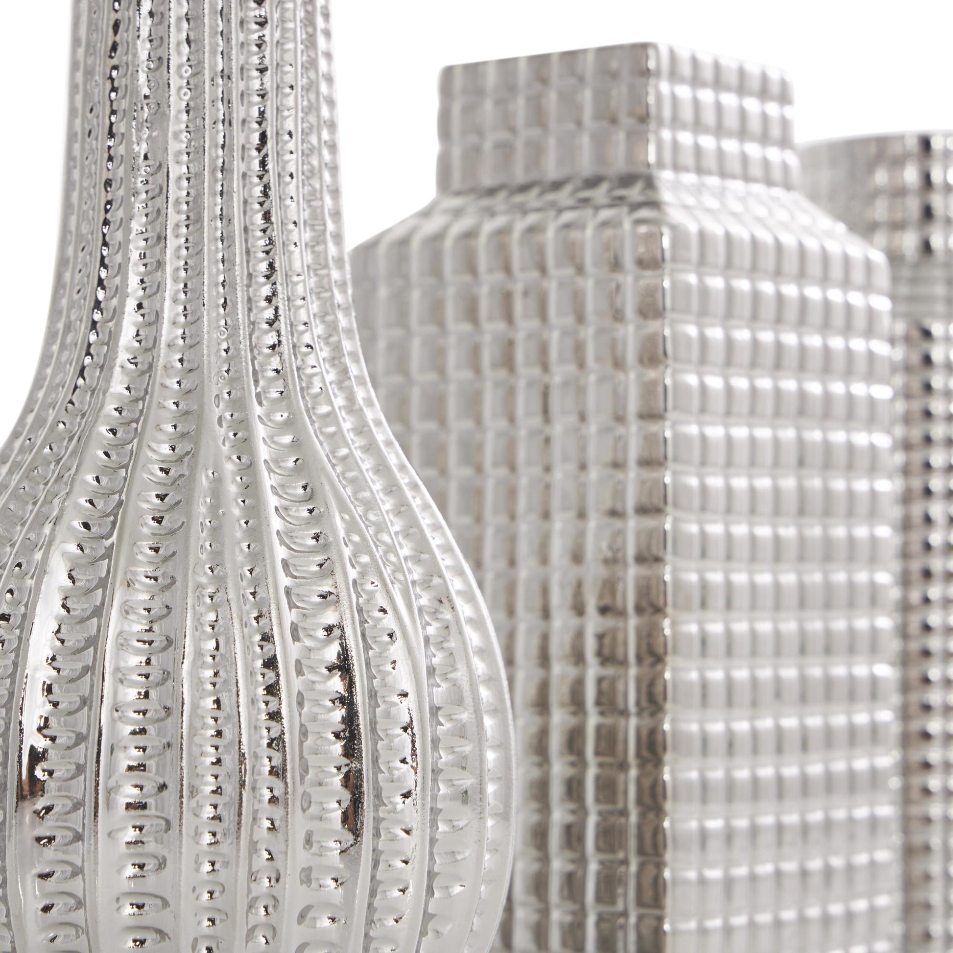 Set of 3 Geometric Ceramic Dimensional Textured Decorative Vase with Varying Shapes and Grid Patterns Set of 3 3"W, 8"H