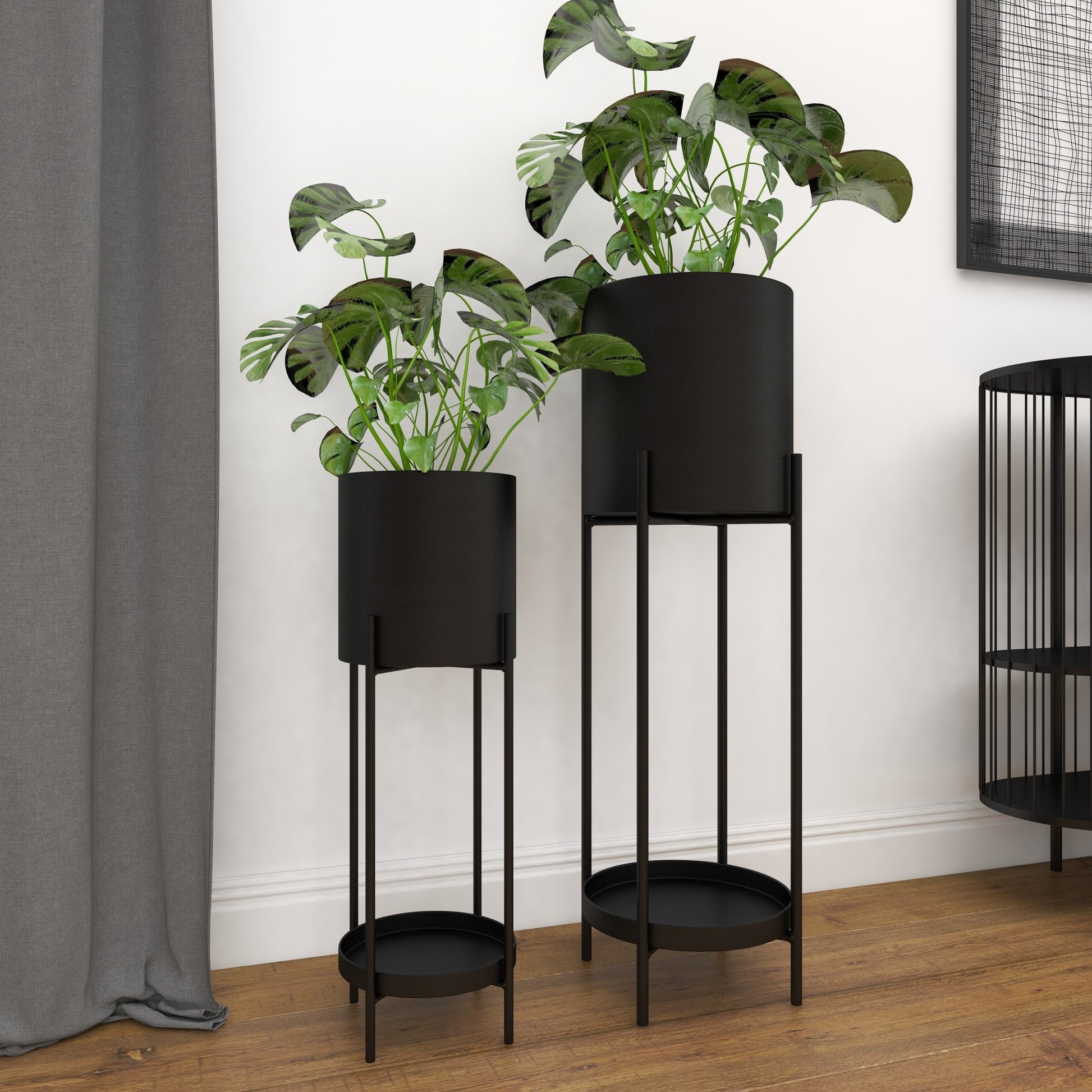 Set of 2 Black Metal Indoor Outdoor Planter with Lower Shelf and Removable Stand