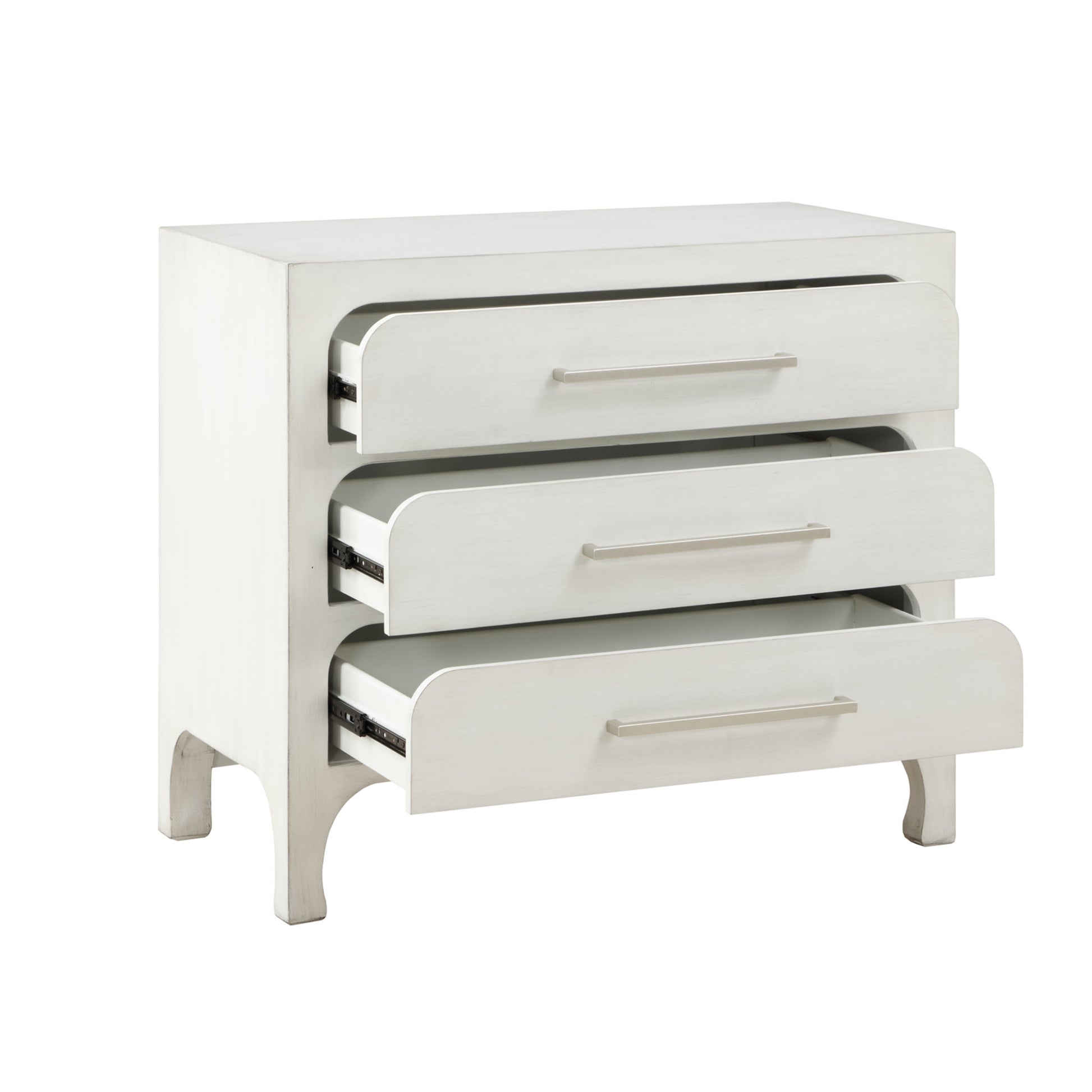 White Wooden 3 Drawer Room Dresser with Curved Drawer Frames and Legs and Silver Bar Handles