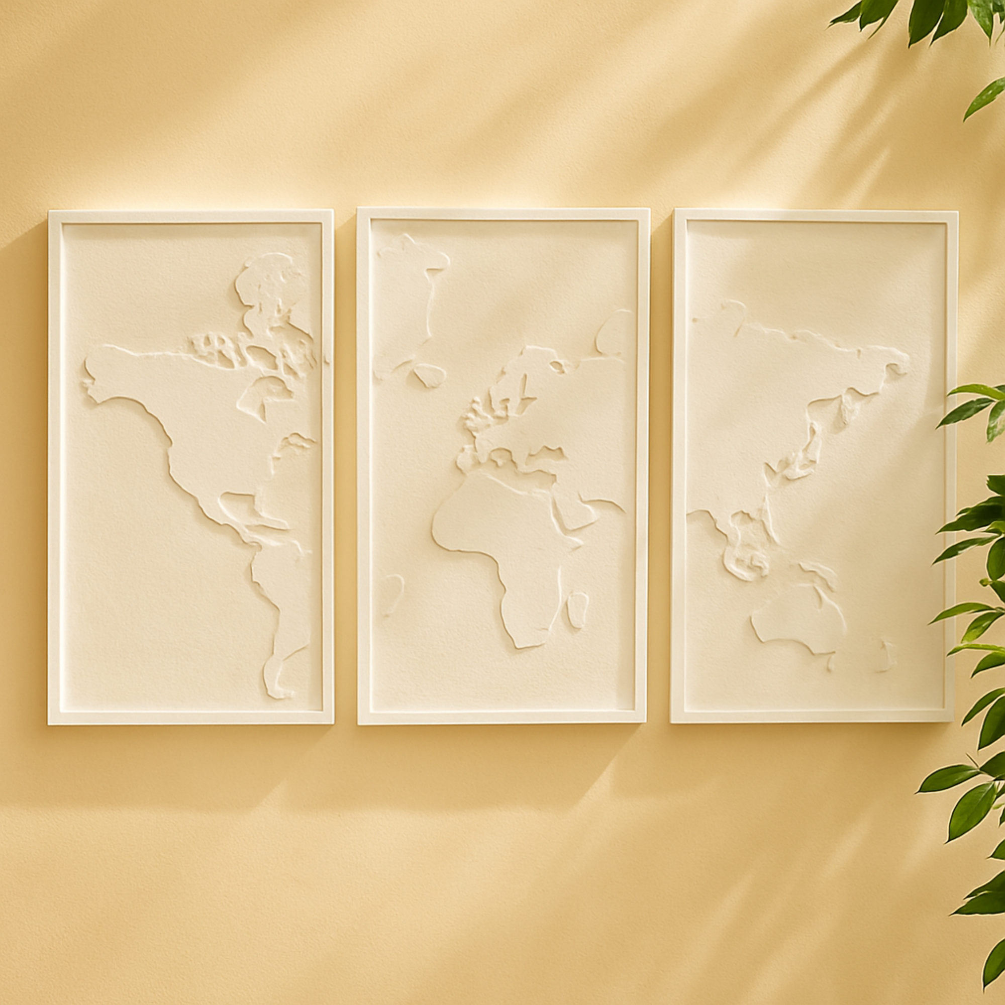 Set of 3 World Map White Wooden 3D Home Wall Decor