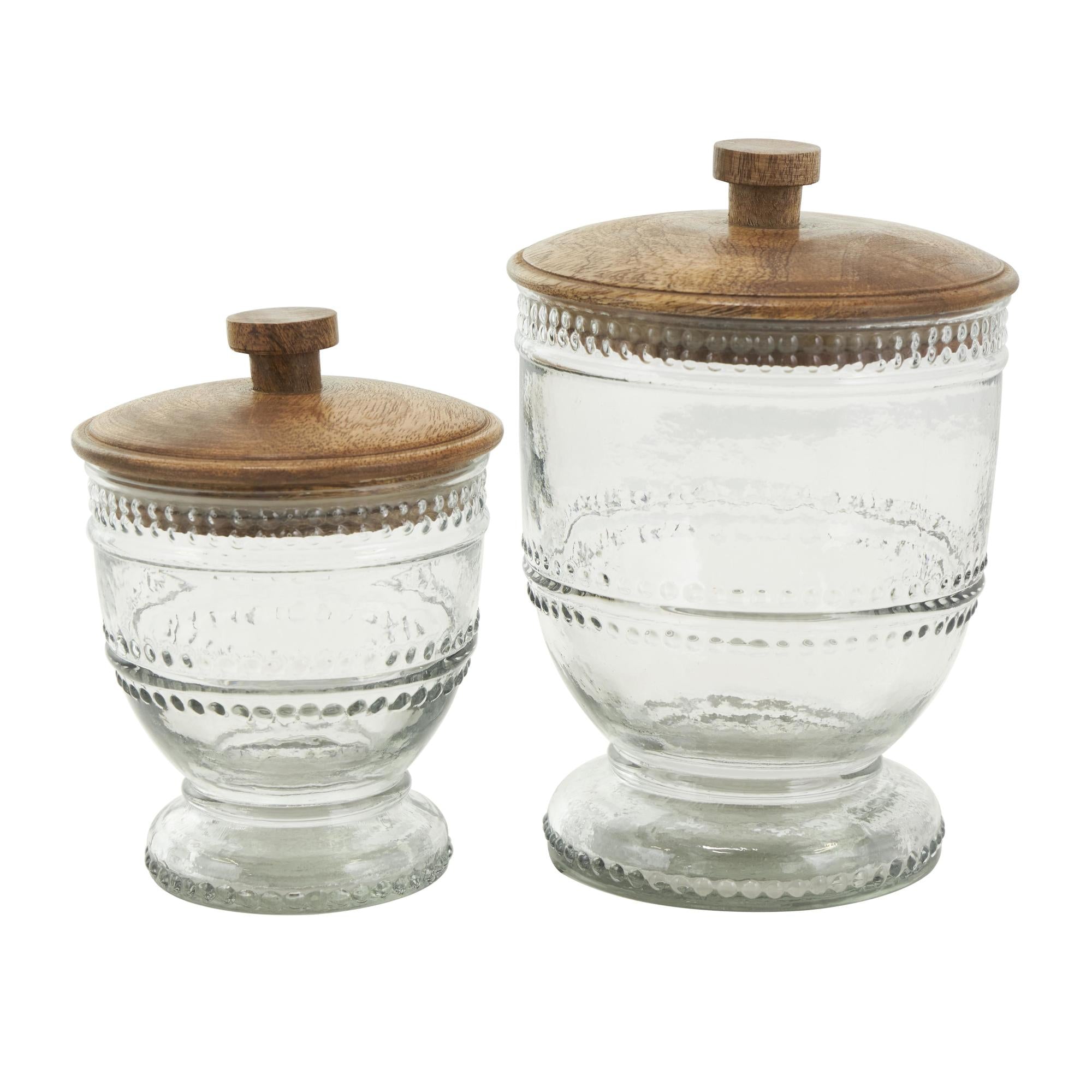 Set of 2 Clear Glass Beaded Living Room Decorative Jars with Wood Lids