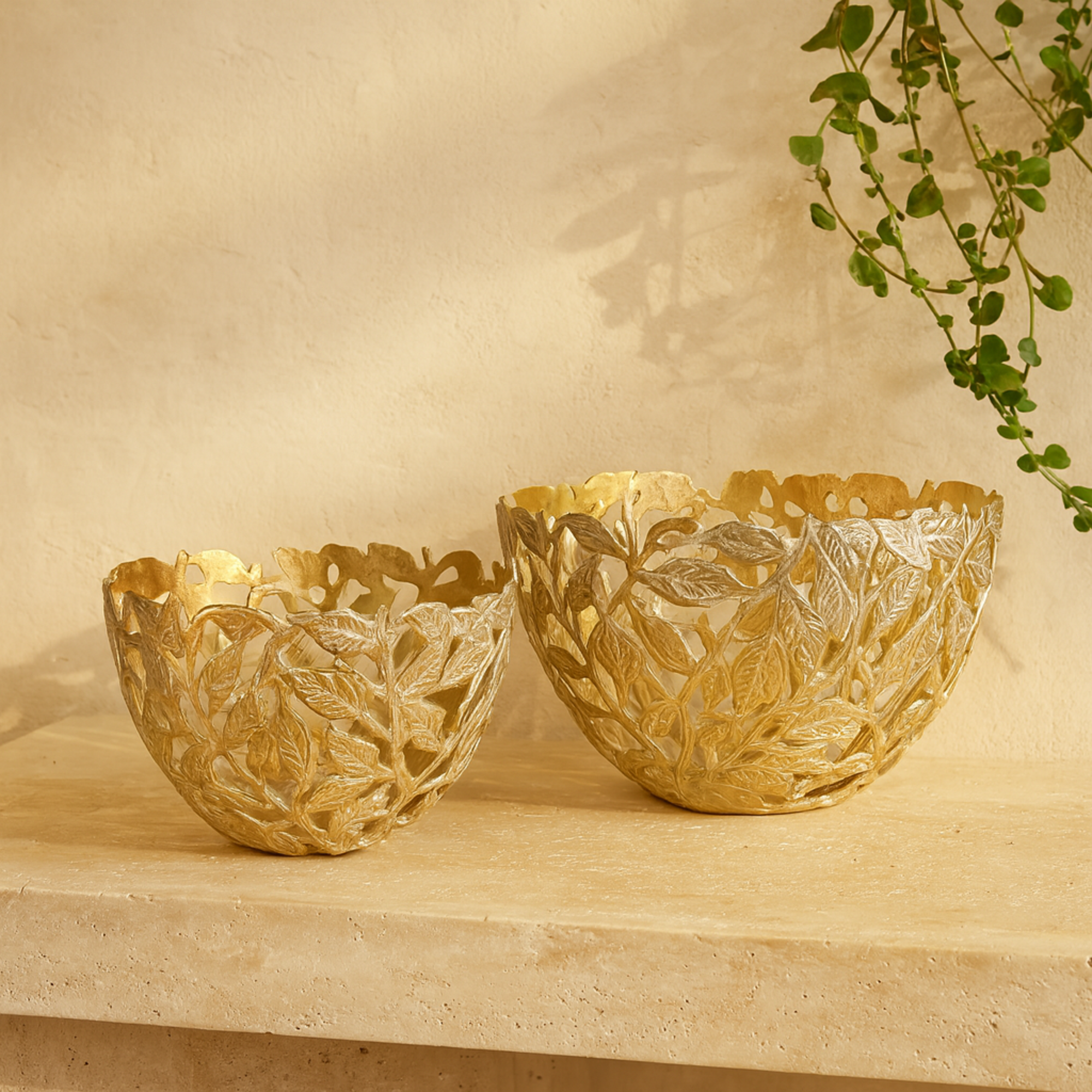 Set of 2 Leaf Gold Aluminum Metal Large Decorative Bowl with White Detailing
