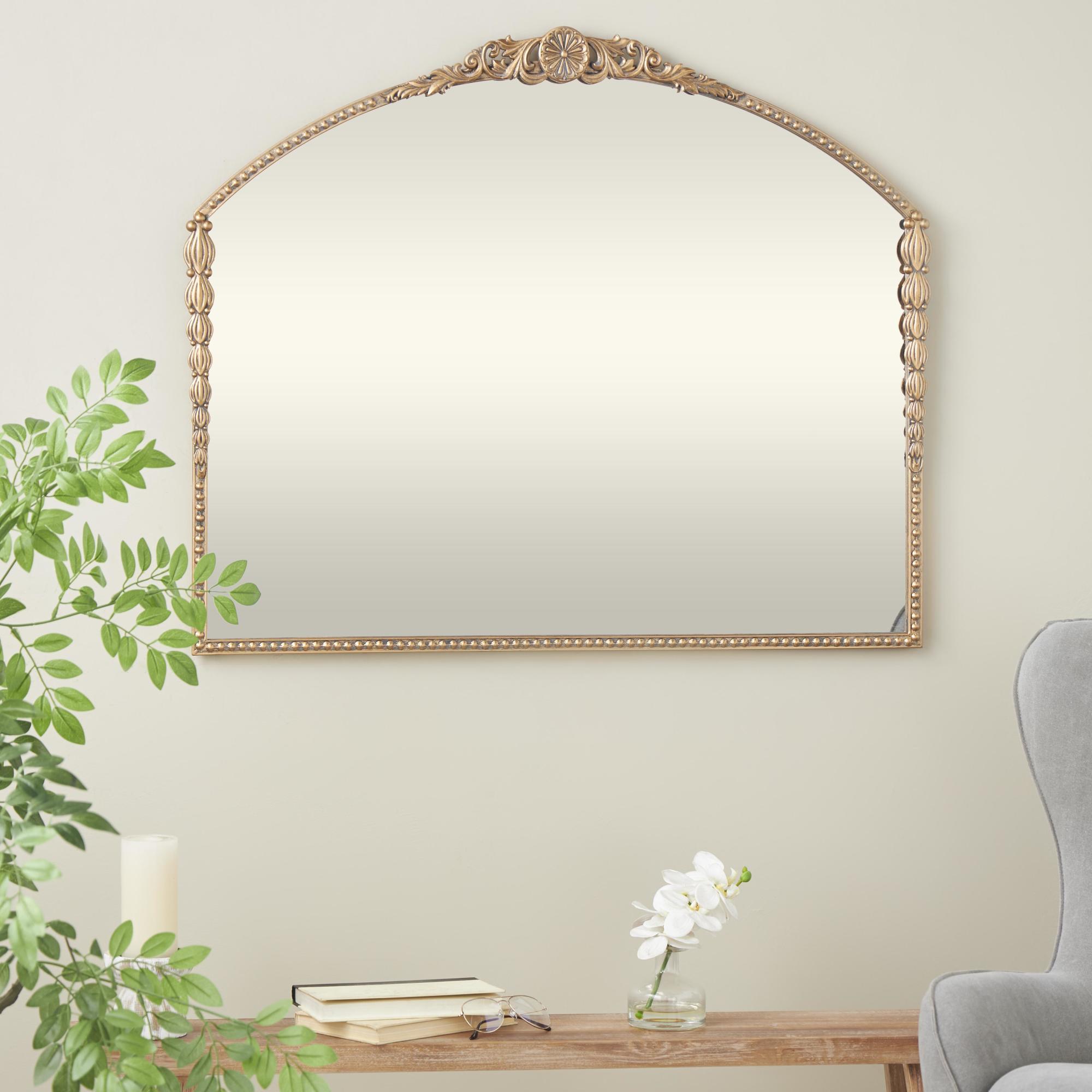 Scroll Gold Metal Ornate Antique Arch Room Wall Mirror with Beaded Frame