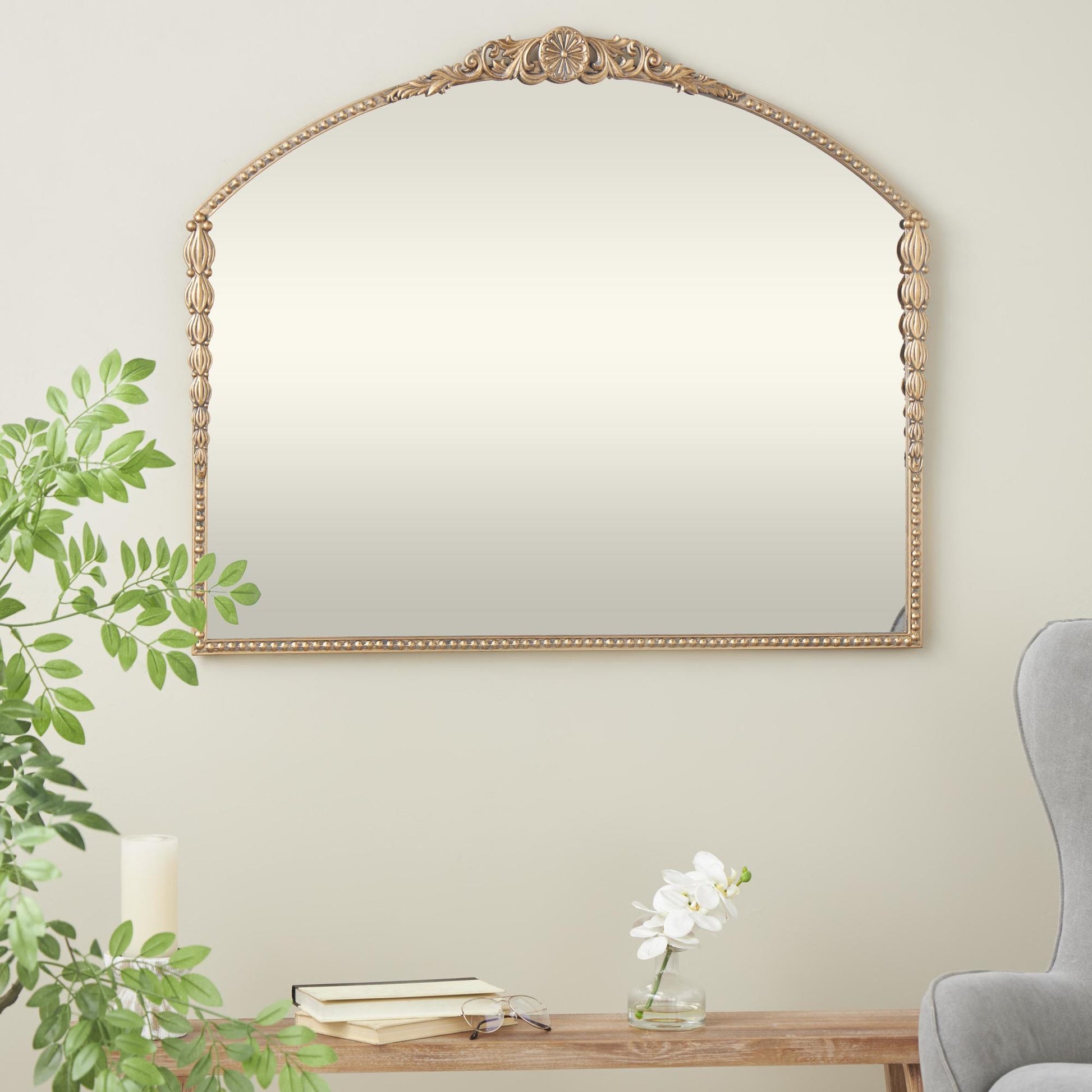 Scroll Gold Metal Ornate Antique Arch Room Wall Mirror with Beaded Frame