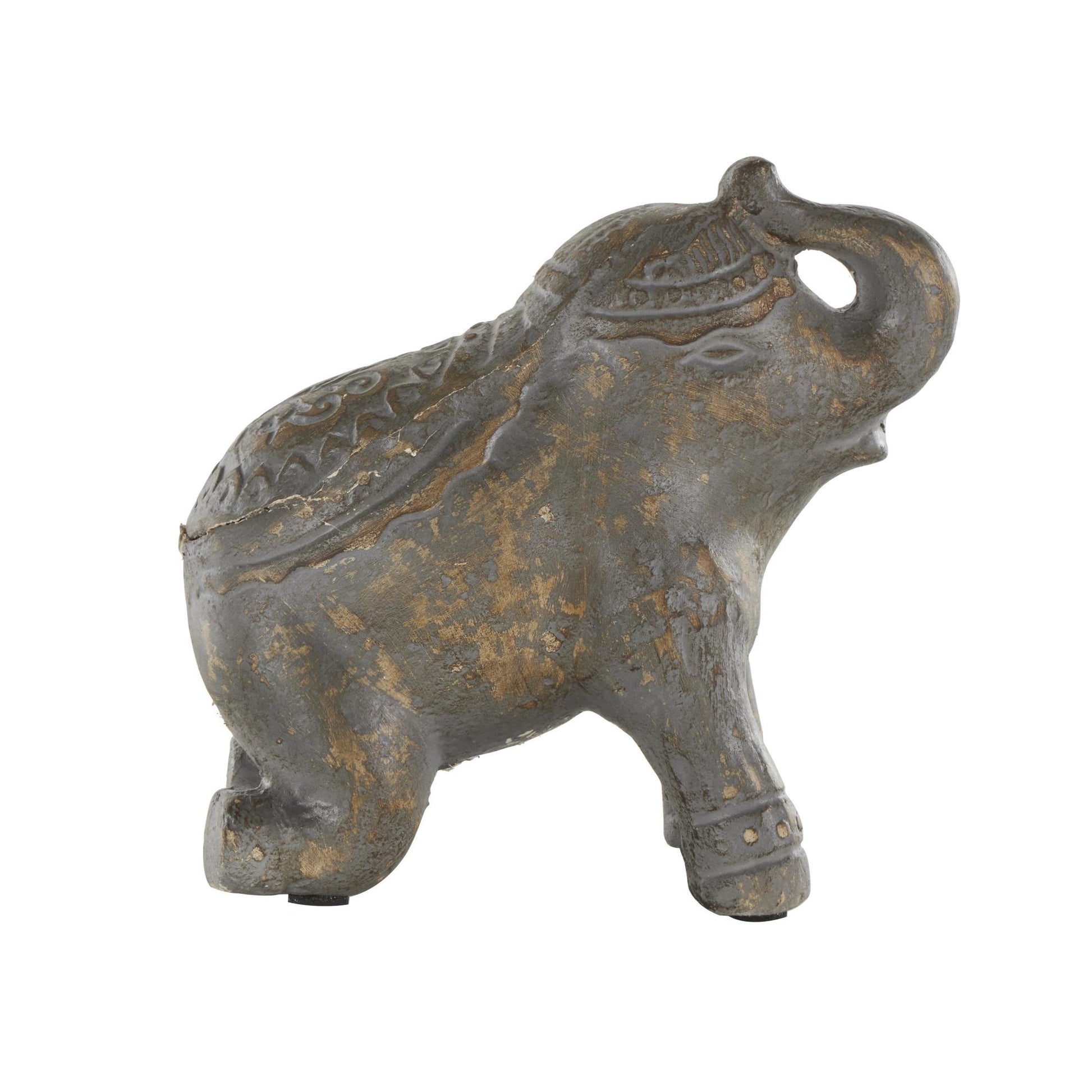 Elephant Dark Gray Paper Mache Handmade Distressed Carved Decorative Sculpture with Wood Inspired Accents