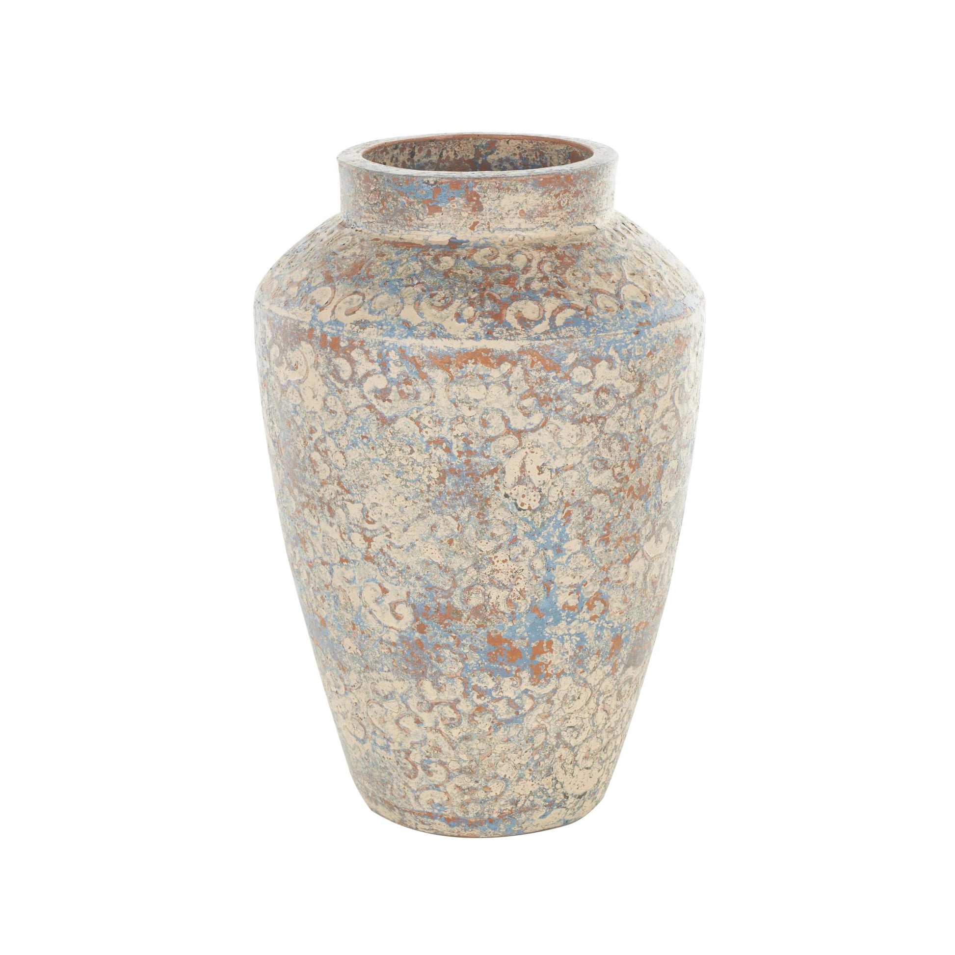 Scroll Beige Ceramic Handmade Antique Style Decorative Vase with Blue and Copper Accents