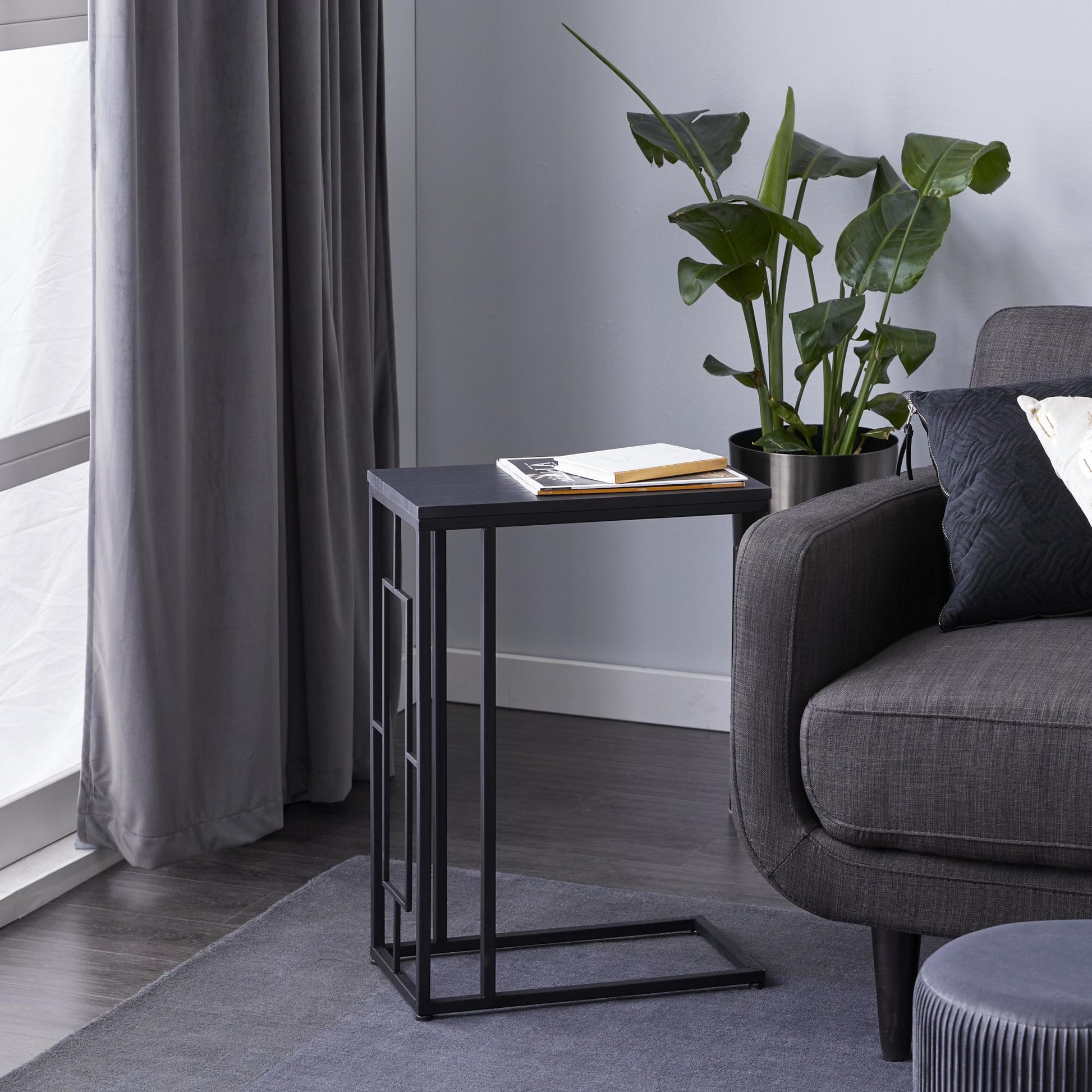 Metal C-Shaped Side End Accent Table with Black Metal Base