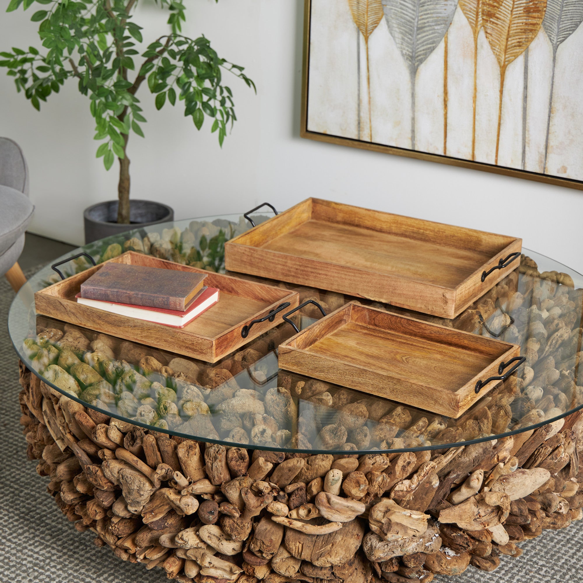Set of 3 Brown Mango Wood Rectangular Living Room Decor Tray with Black Metal Handles