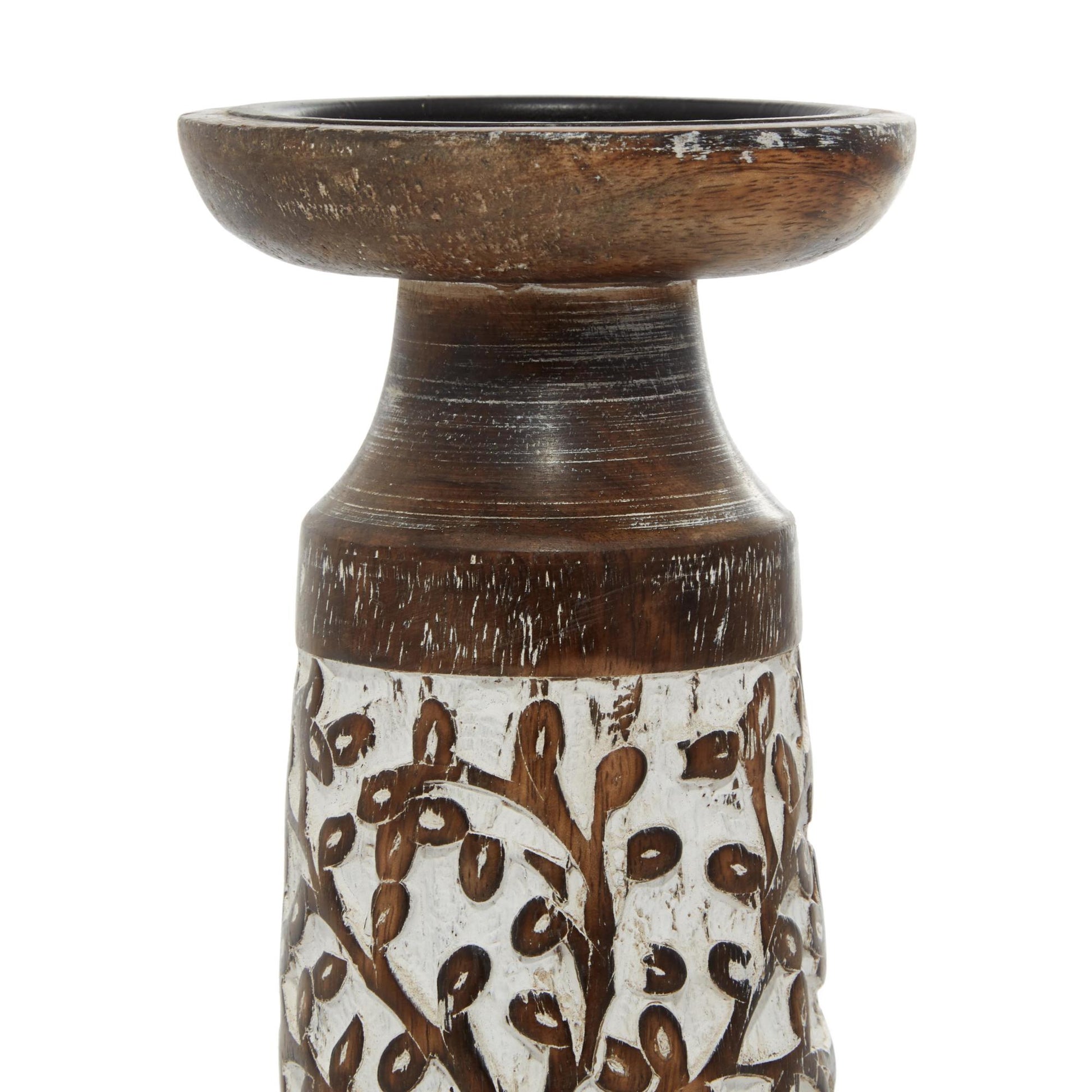 Set of 3 Floral Mango Wood Handmade Carved Pillar Decorative Candle Holder with Whitewashed Cream Backing Set of 3 10", 8", 6"H