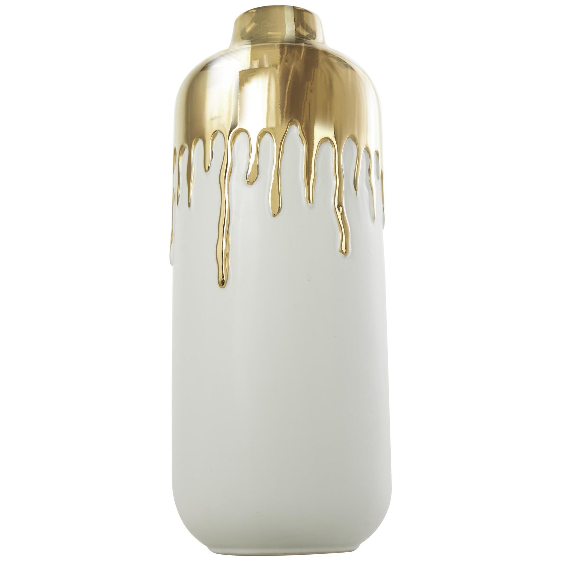 CosmoLiving by Cosmopolitan Abstract White Ceramic Decorative Vase with Abstract Gold Melting Drips