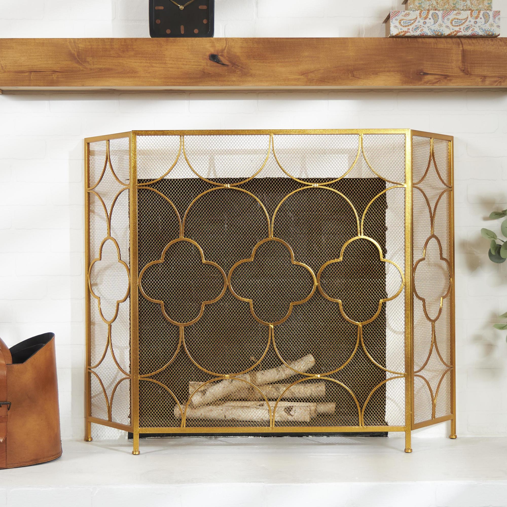 Geometric Gold Metal Foldable Mesh Netting 3 Panel Living Room Fireplace Screen with Quatrefoil Design