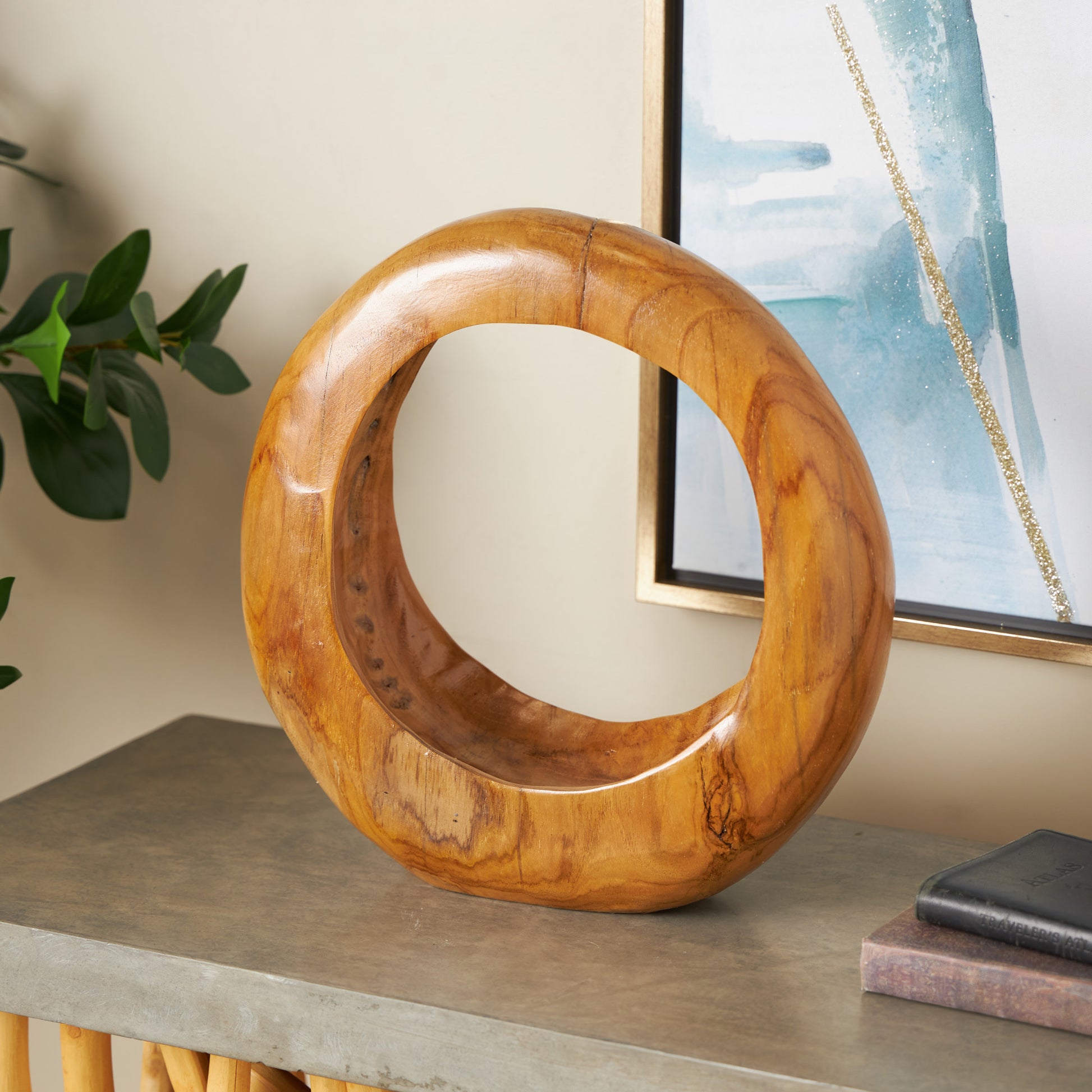 Abstract Brown Teak Wood Handmade Round Decorative Sculpture