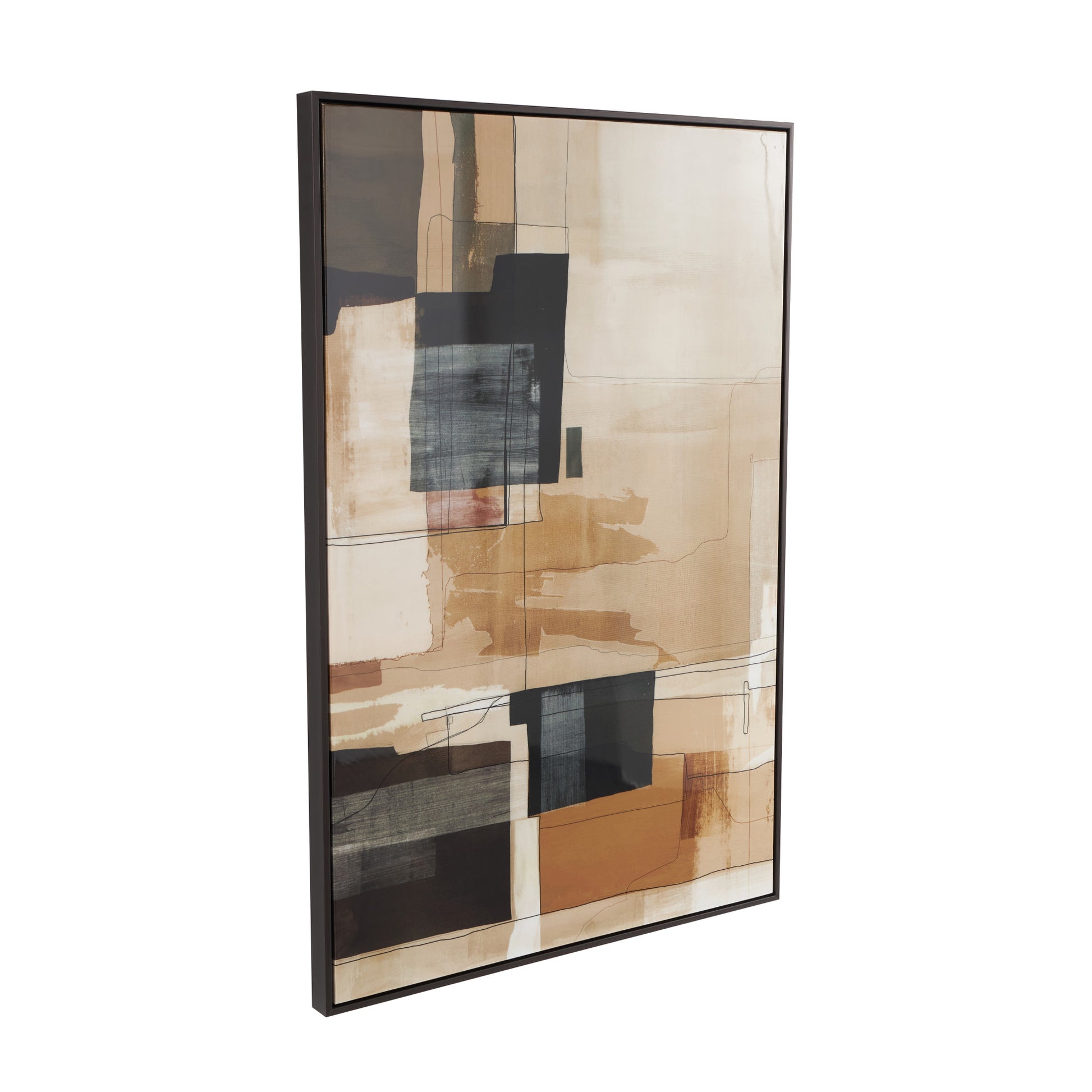 Geometric Beige Canvas Living Room Framed Wall Art with Black and Brown Accents