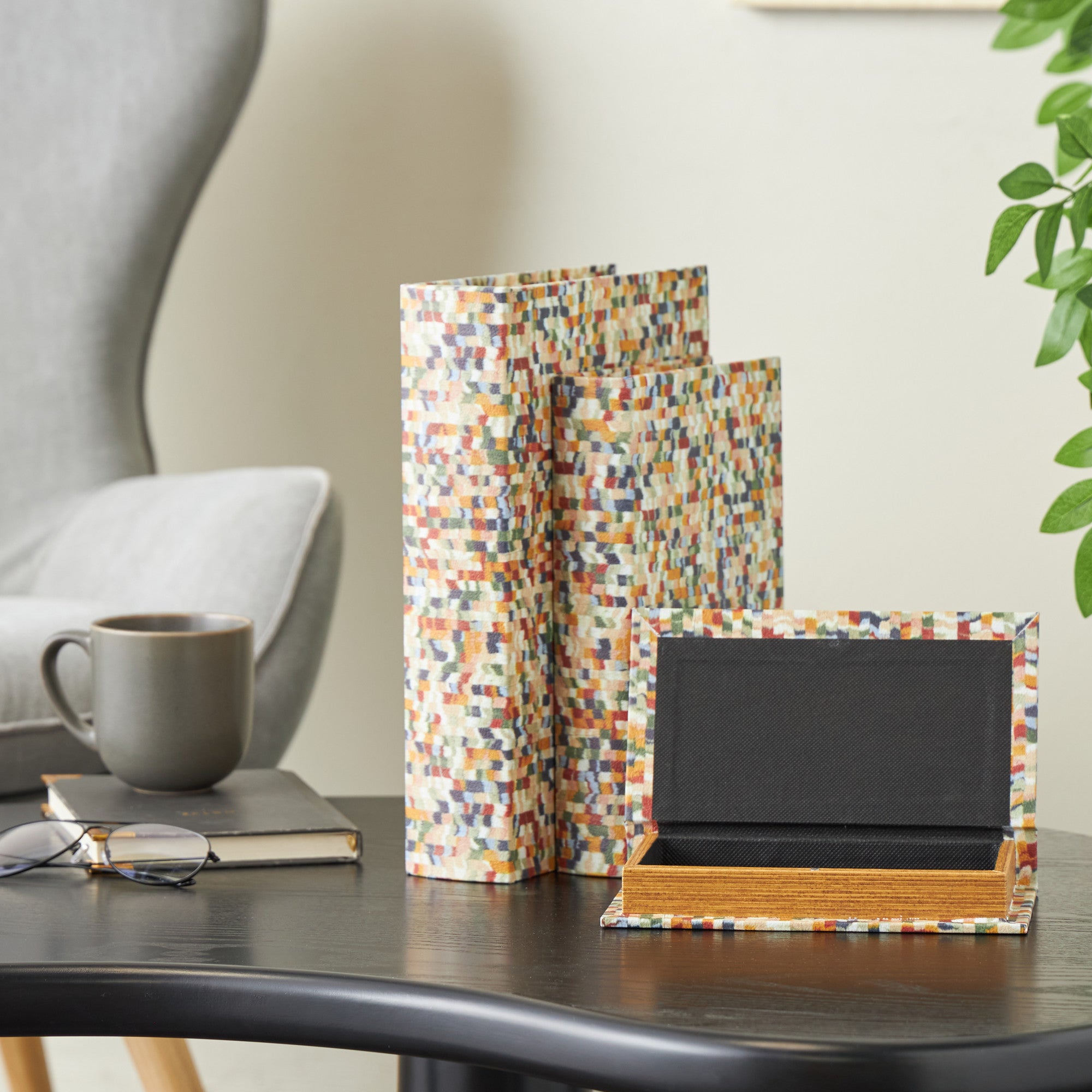 Set of 3 Multi Colored Fabric Faux Book Storage Decorative Box