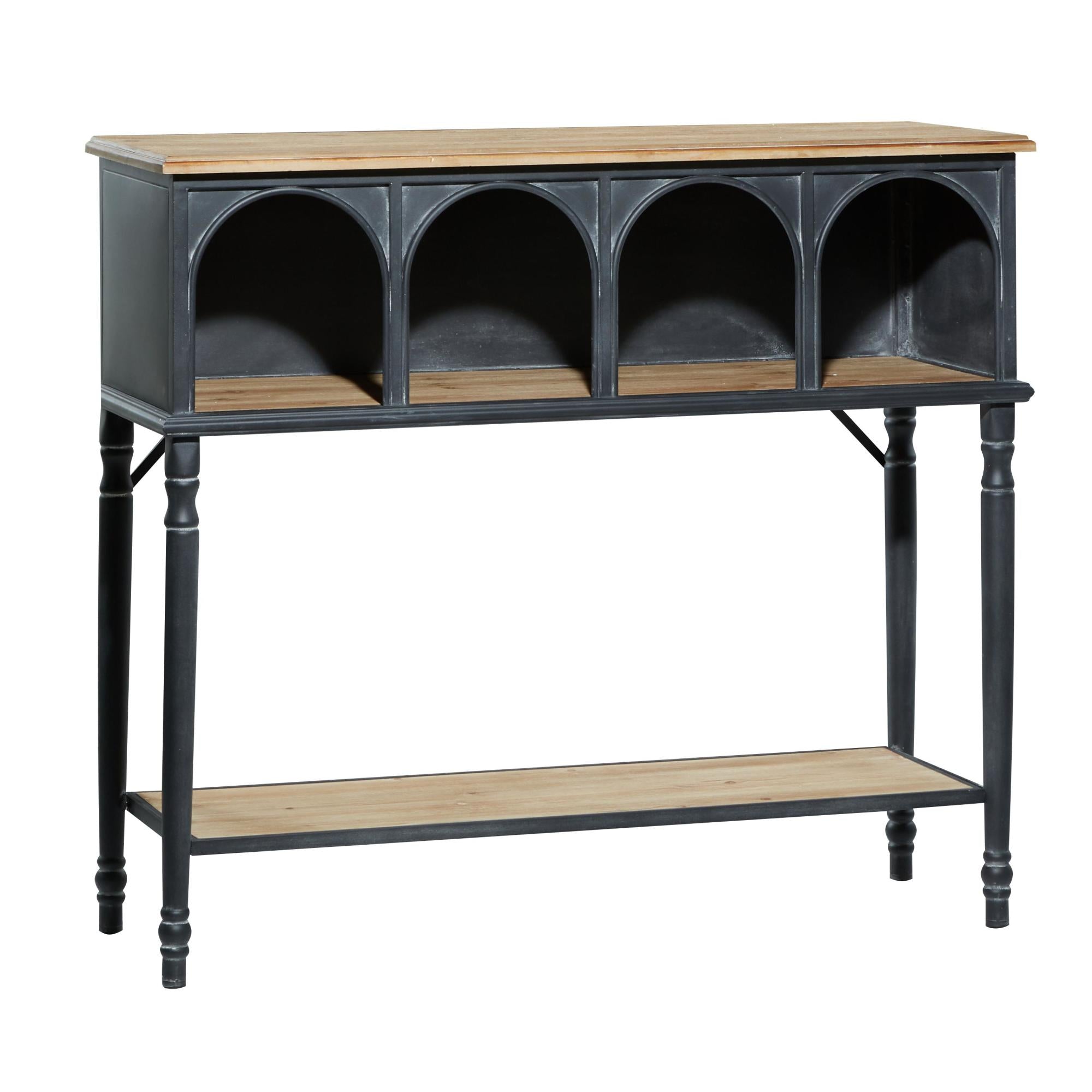 Black Metal Arched 2 Shelf and 4 Cubby Living Room Console Table with Brown Wood Shelves