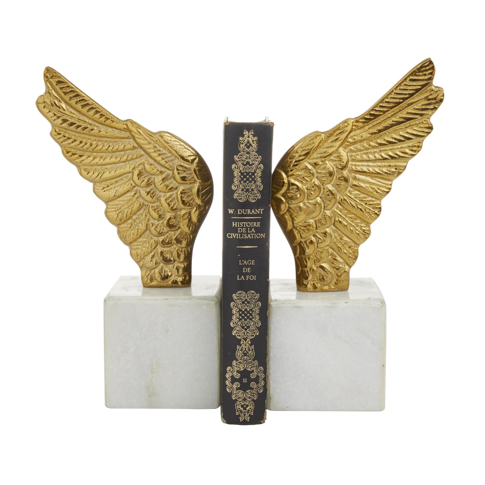 Set of 2 Bird Aluminum Metal Wings Decorative Bookends with Marble Base