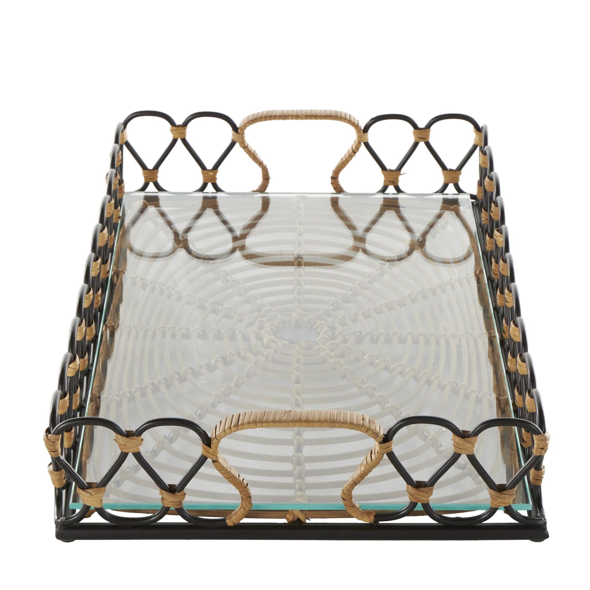 Black Metal Circular Woven Living Room Decor Tray with Glass Base