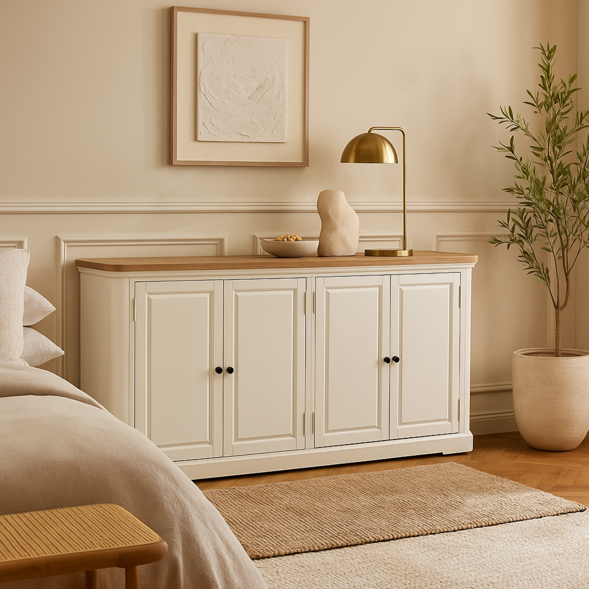 White Wood 4 Door Media Credenza Sideboard with Brown Wood Top and Black Round Knobs
