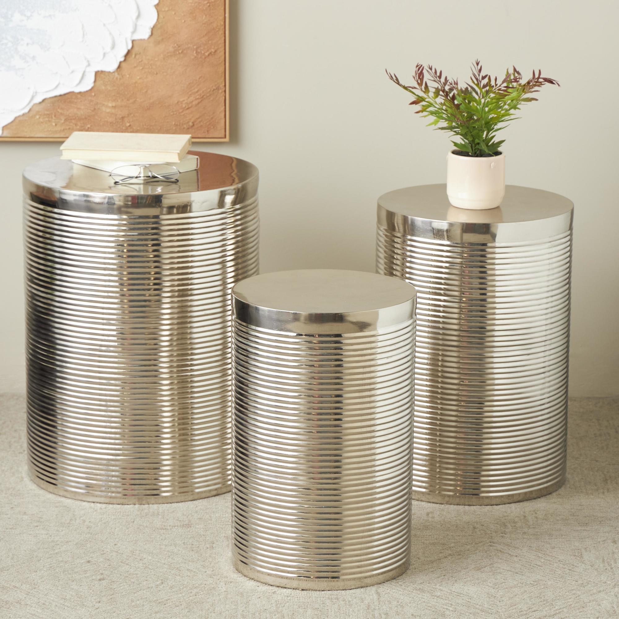 Set of 3 Metal Ribbed Drum Side End Accent Table Set of 3 24", 22", 20"H