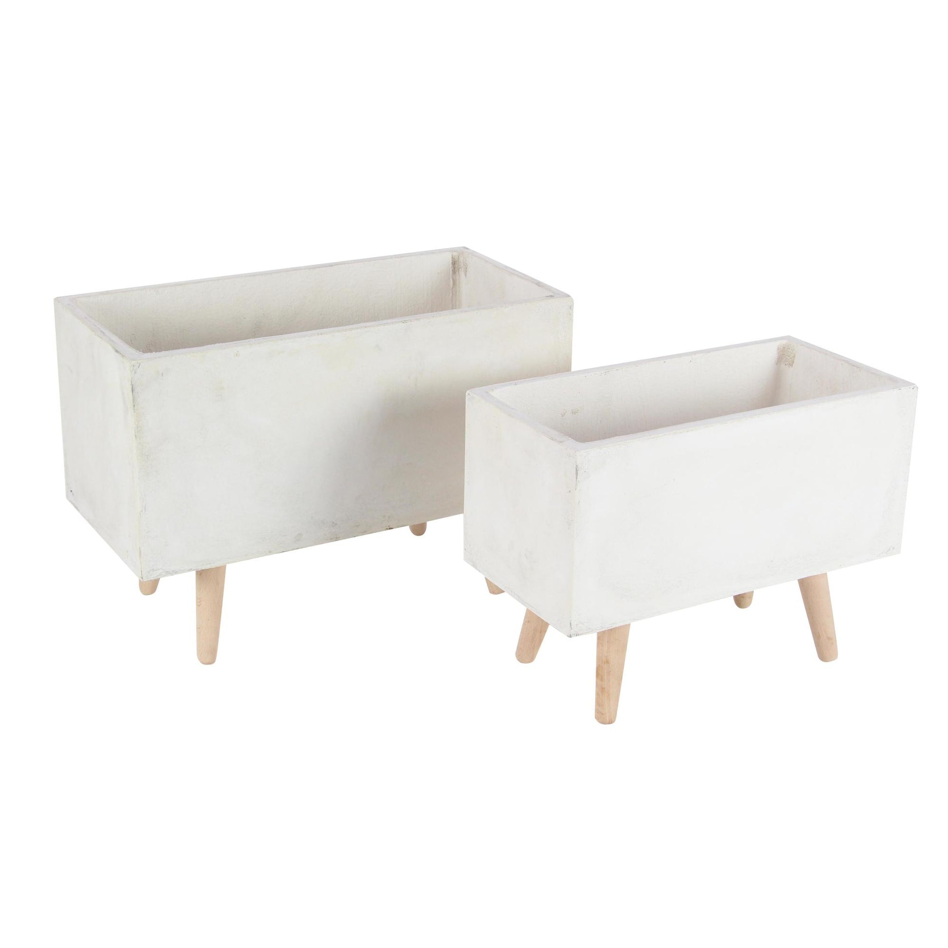 Set of 2 White Fiberclay Ceramic Rectangular Indoor Outdoor Planter with Brown Wooden Legs