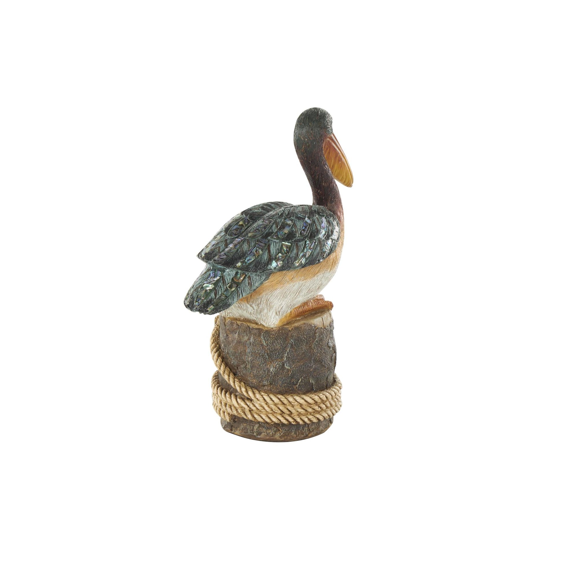 Pelican Teal Resin Textured Sitting Decorative Sculpture with Brown Block and Shiny Accents