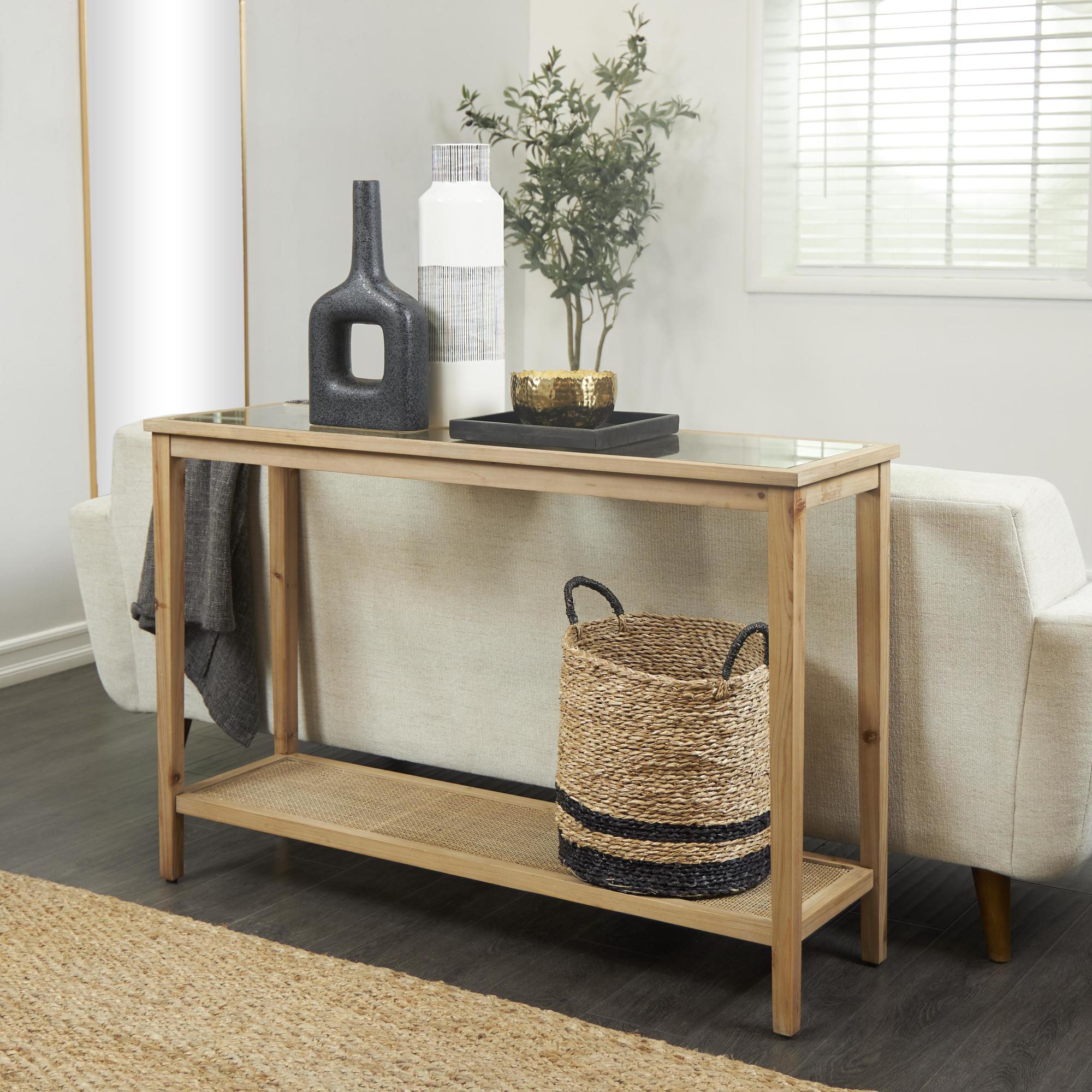 Brown Wood Slim Natural Living Room Console Table with Glass Top and Rattan Shelf