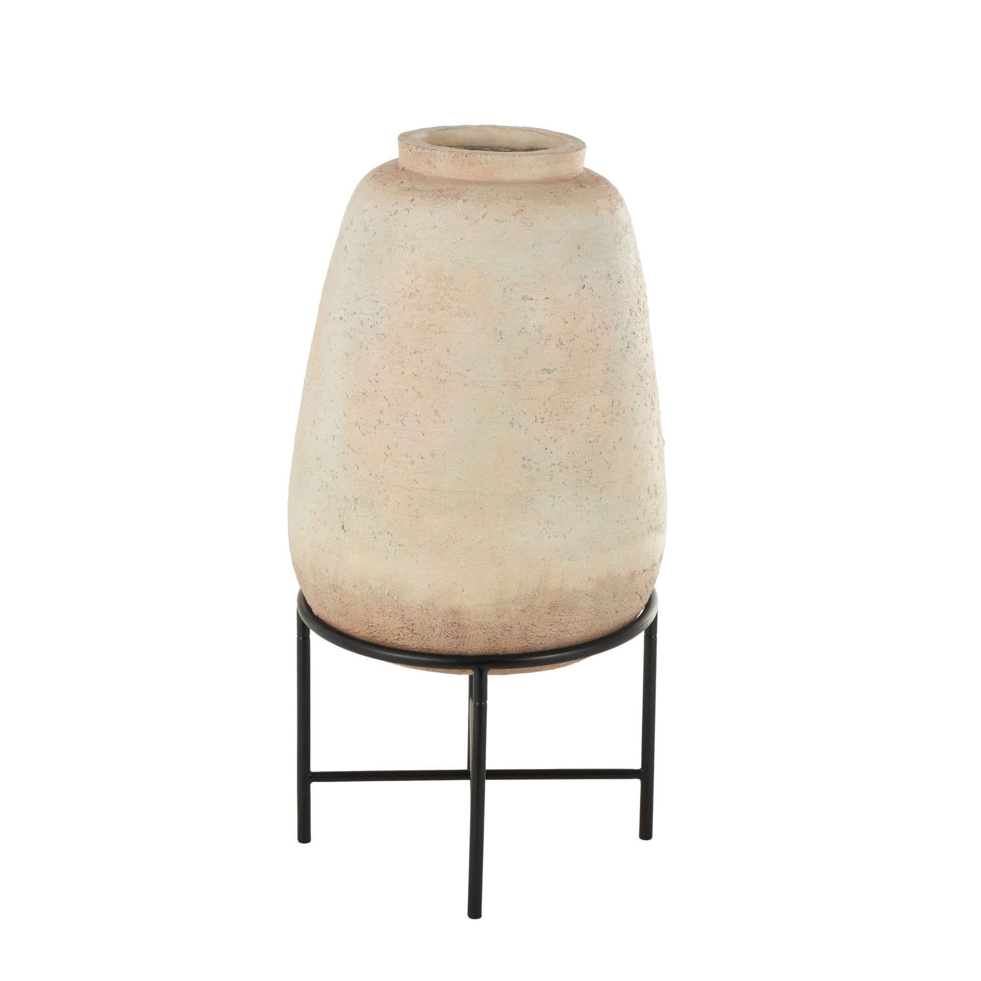 Beige Magnesium Oxide Wide Decorative Vase with Black Metal Stand