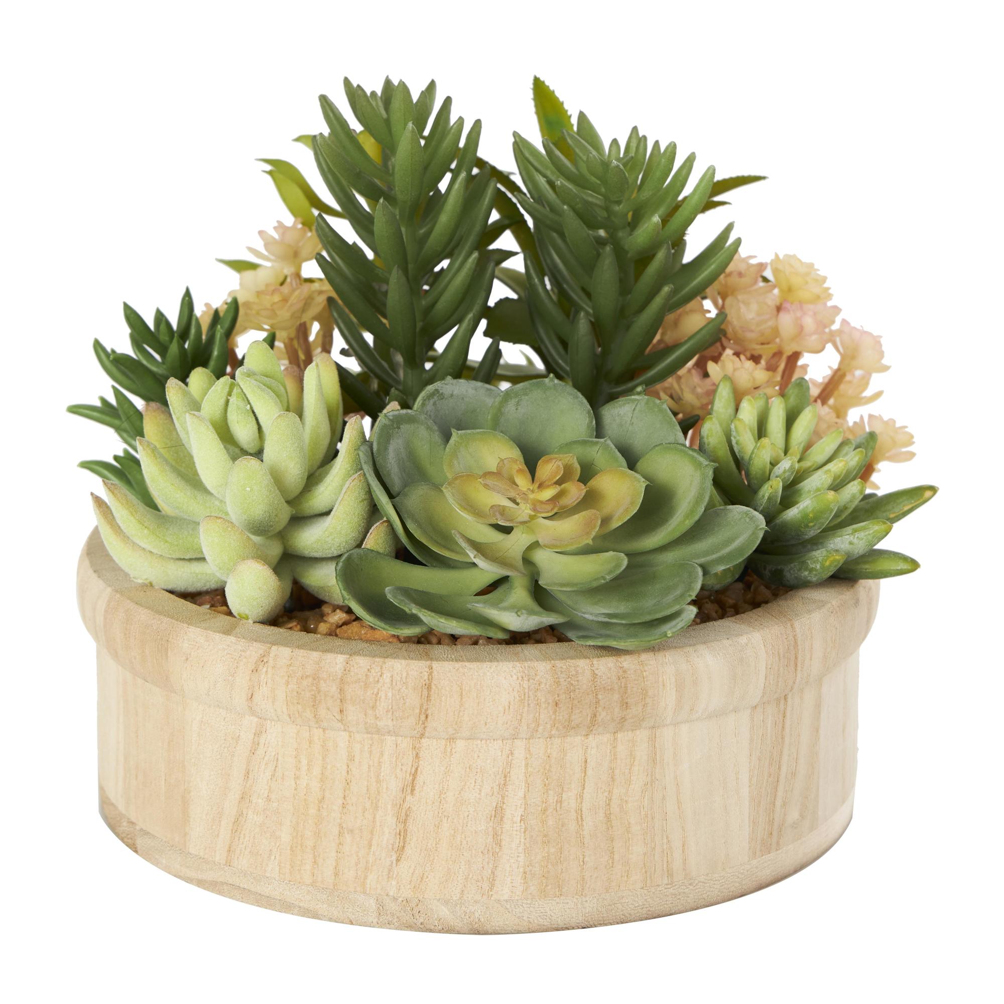 Succulents Green Faux Foliage Indoor Outdoor Artificial Plant with Brown Wooden Pot