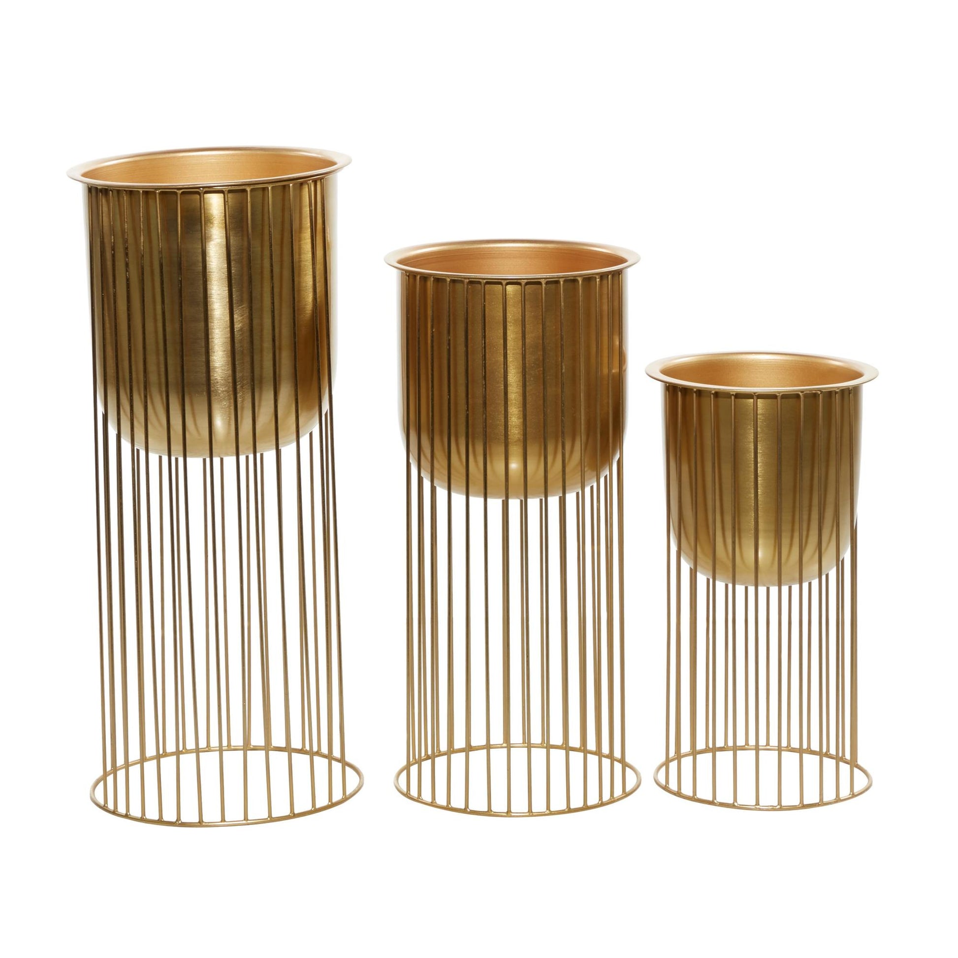Set of 3 Gold Metal Deep Recessed Dome Indoor Outdoor Planter with Elevated Caged Stand