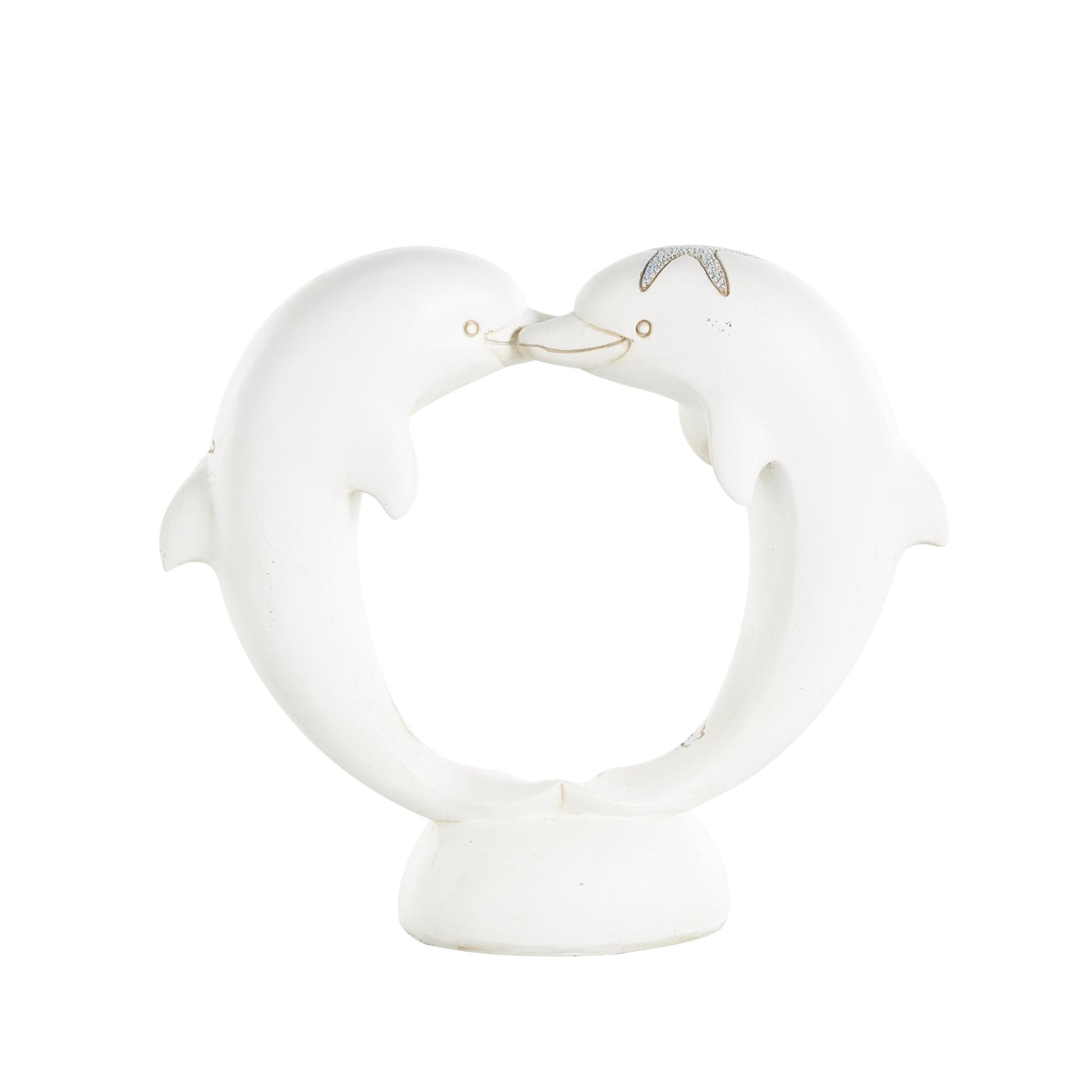 Dolphin White Polystone Heart Shaped Decorative Sculpture with Blue Coral Patterns