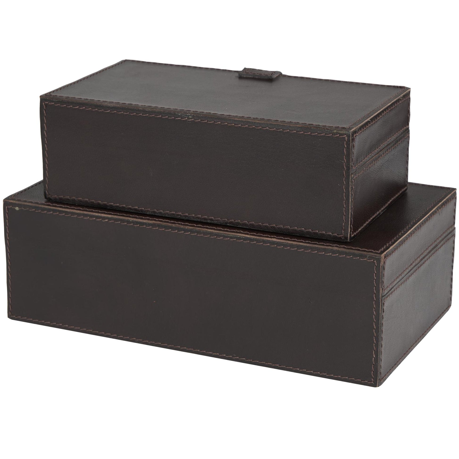 Set of 2 Leather Handmade Decorative Box with Snap Front Closure and Detailed Stitching