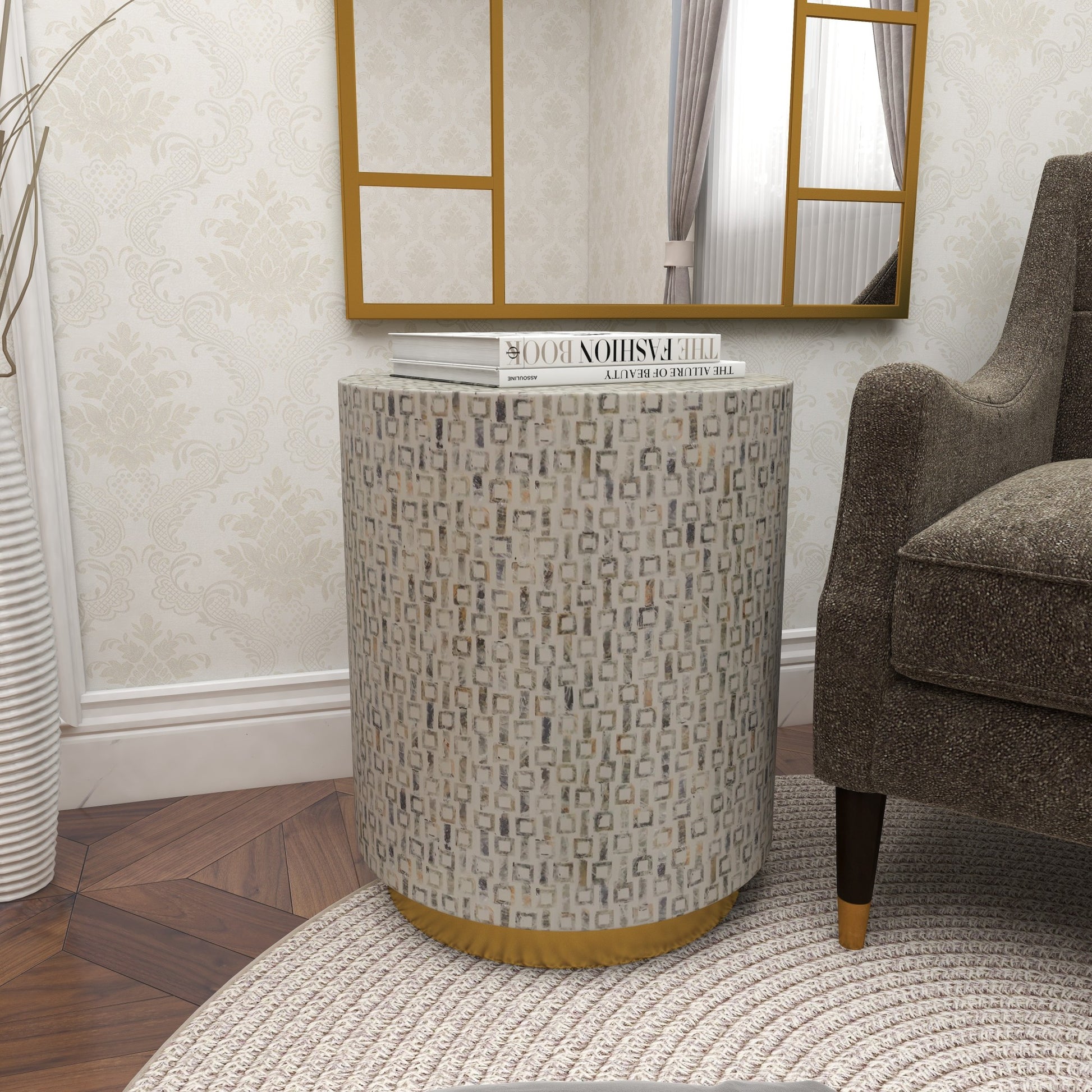 Geometric Mother of Pearl Shell Side End Accent Table with Gold Base