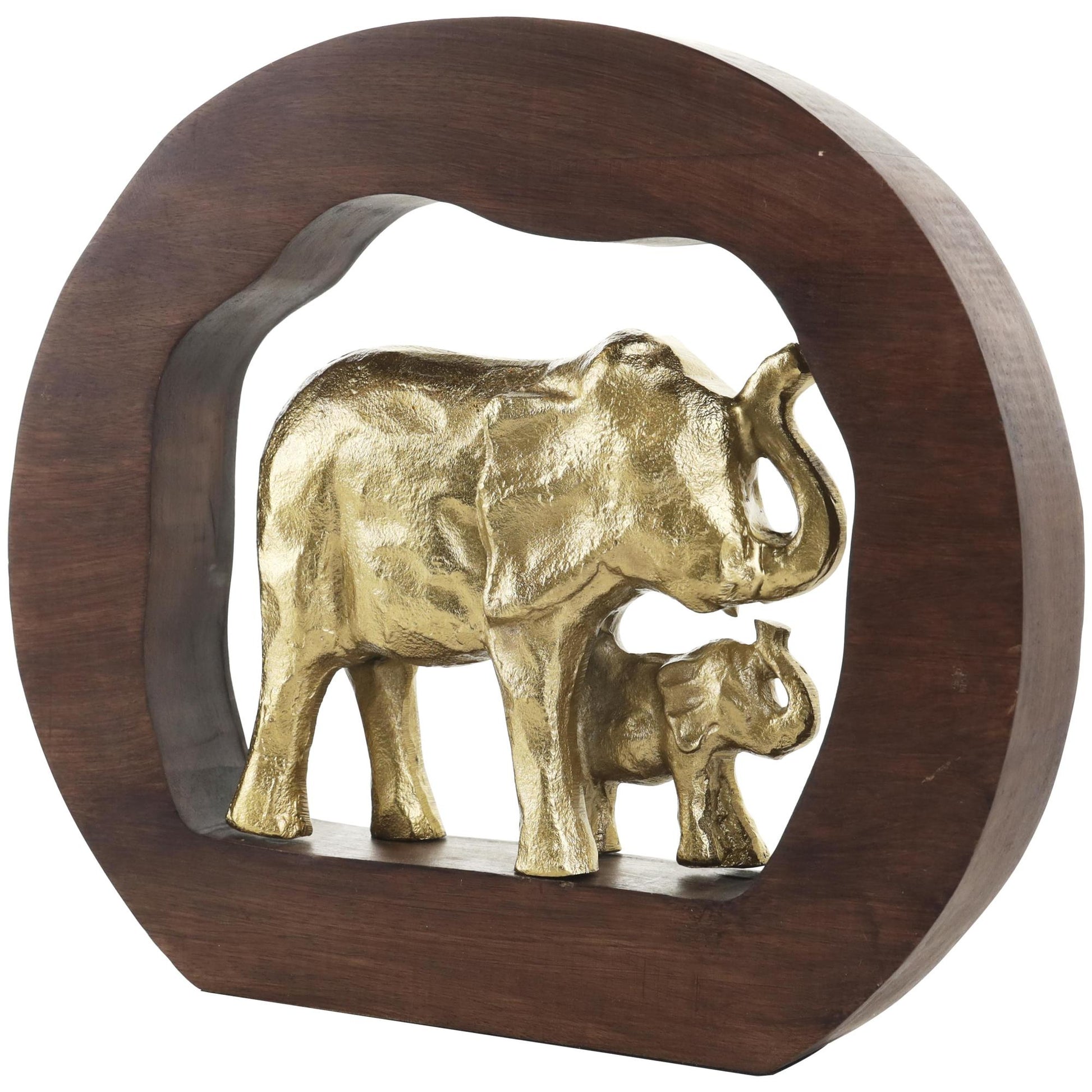Elephant Gold Aluminum Metal Decorative Sculpture with Brown Wooden Frame