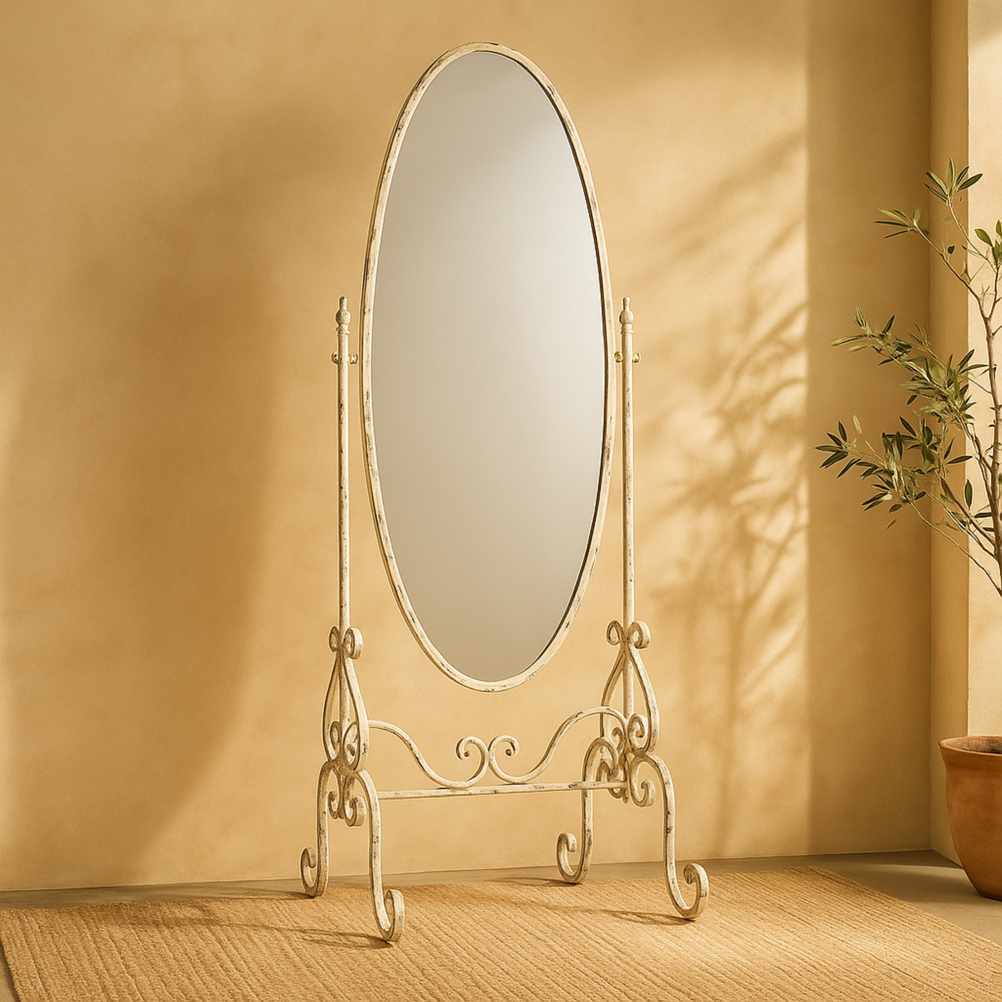 Scroll White Metal Oval Room Floor Mirror with Stand