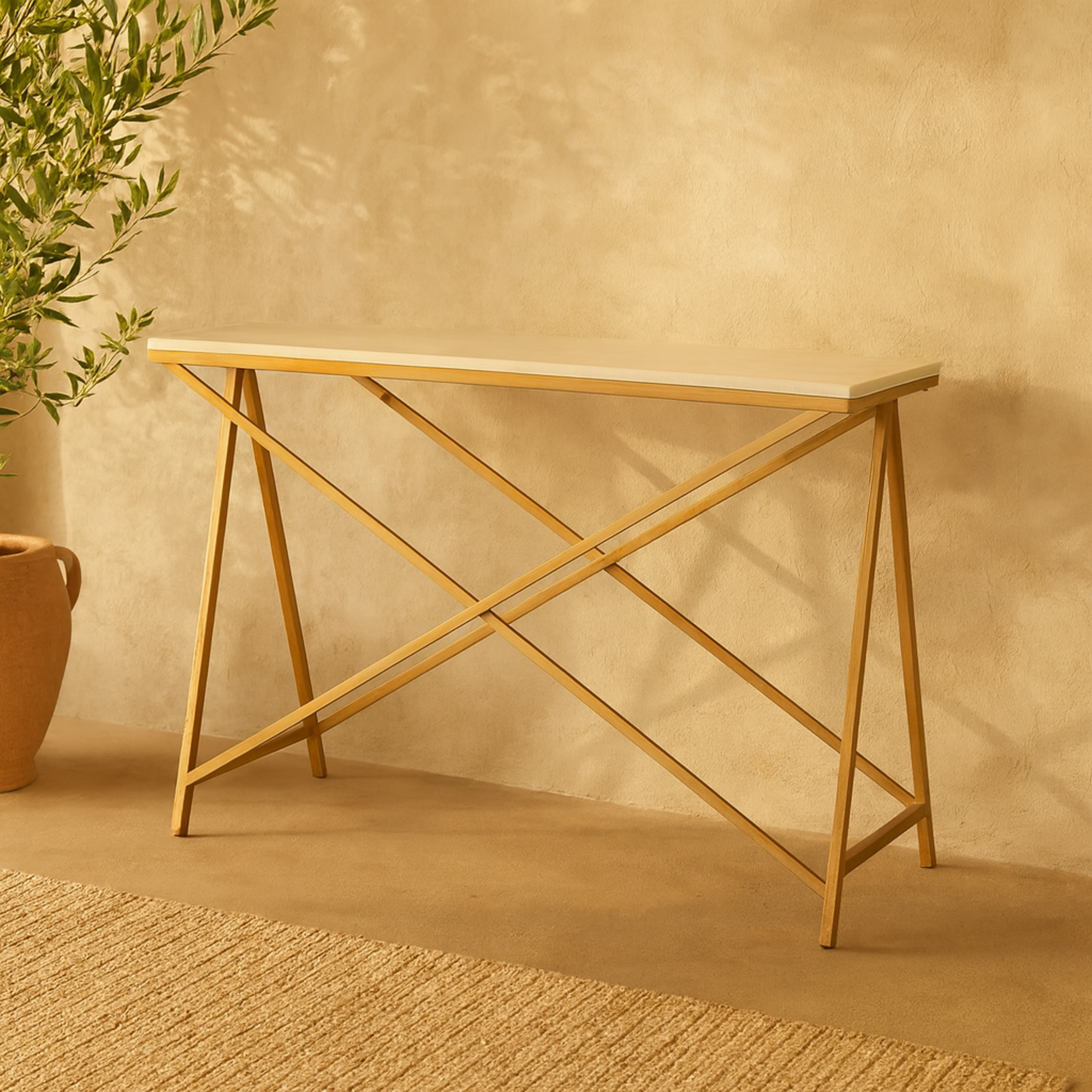 White Marble Rectangular Living Room Console Table with Gold Metal Stand